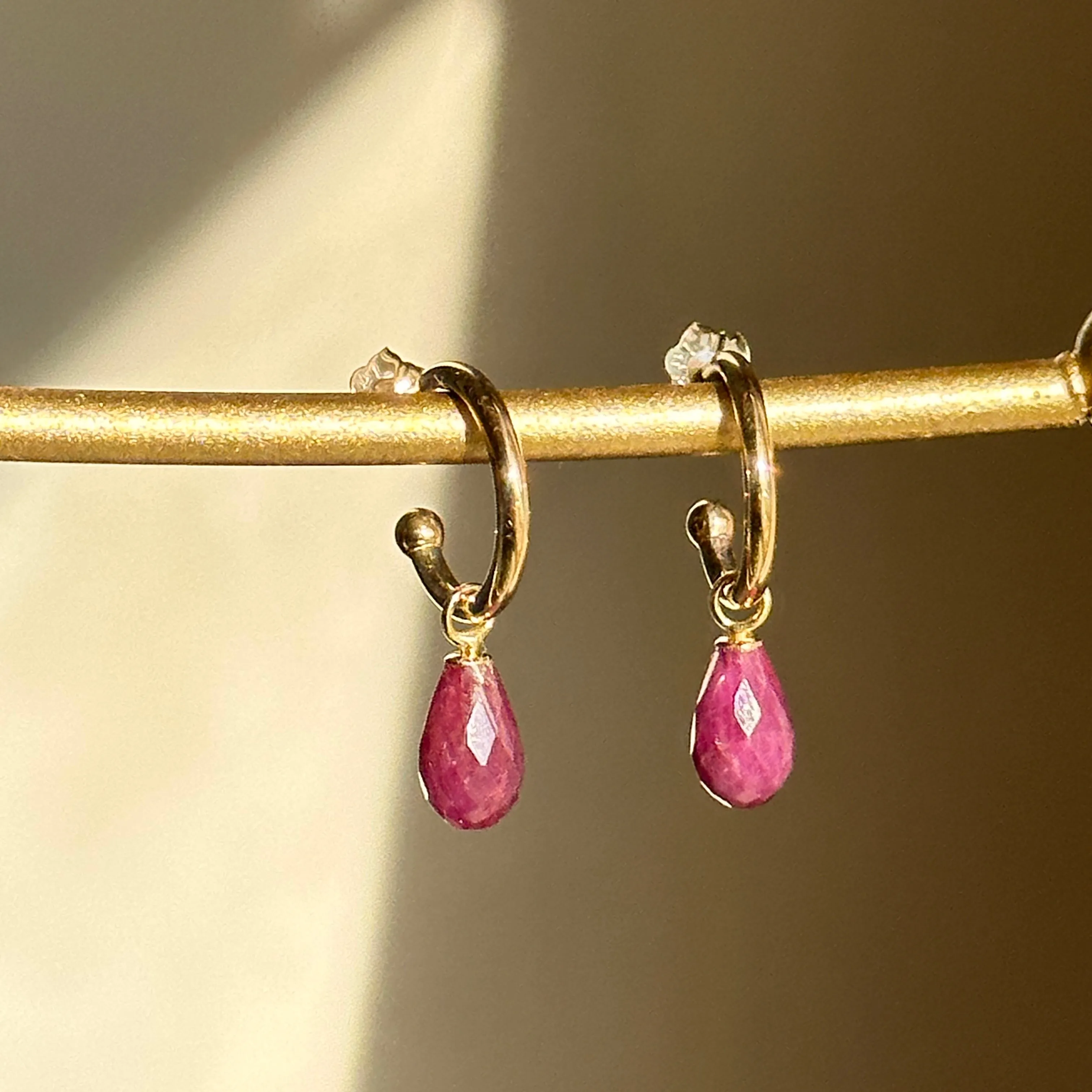 14KT Yellow Gold Teardrop Ruby Charm Hoop Earrings