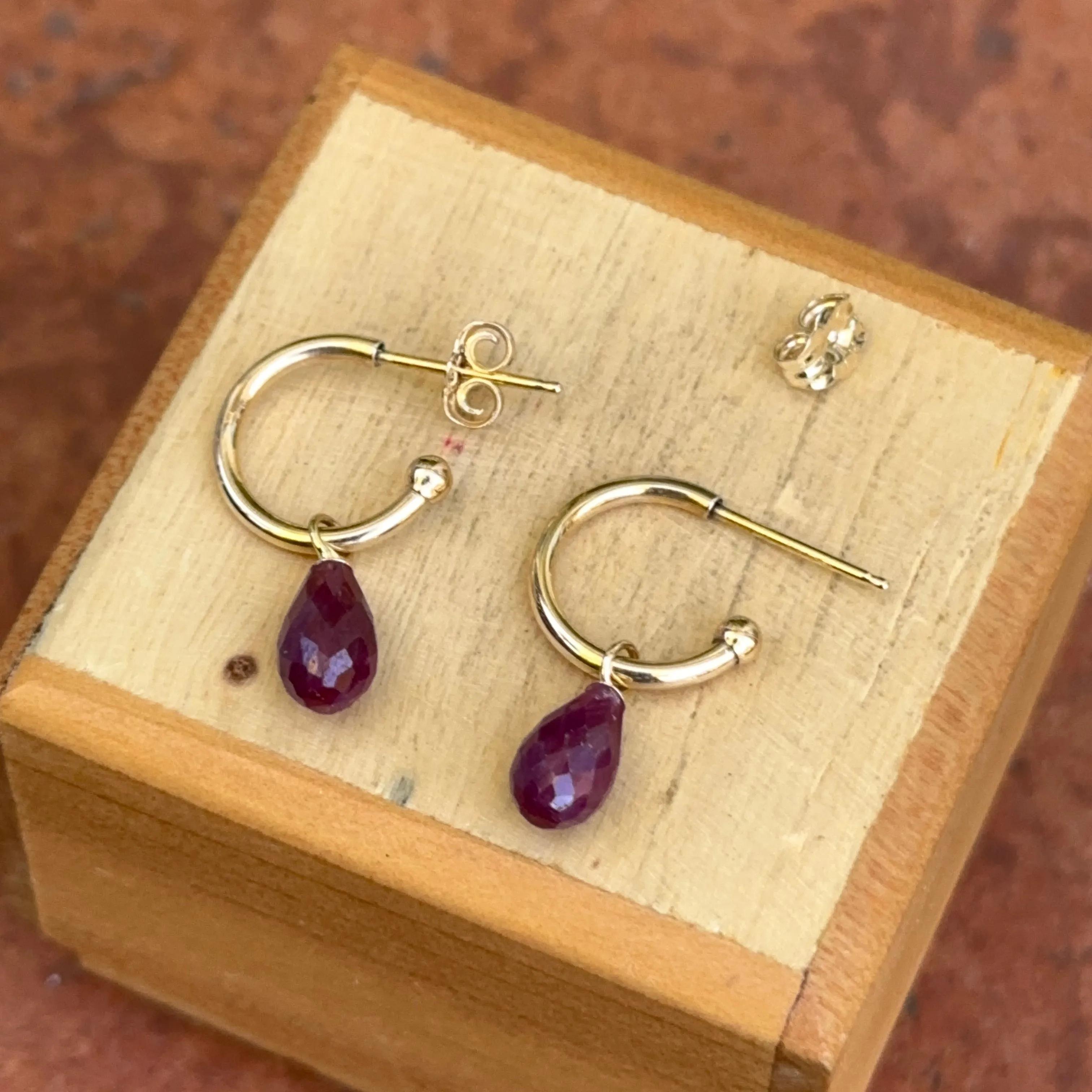 14KT Yellow Gold Teardrop Ruby Charm Hoop Earrings