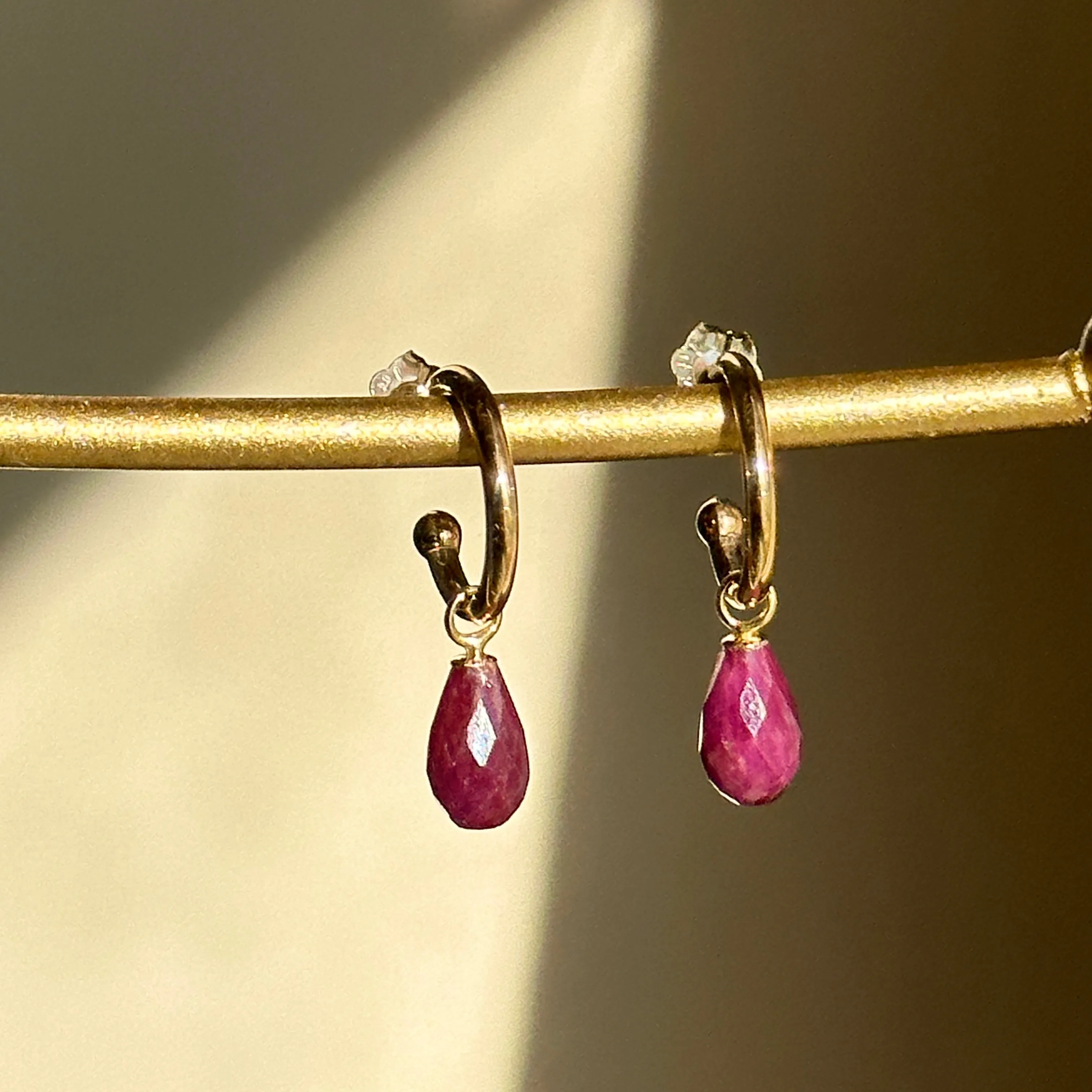 14KT Yellow Gold Teardrop Ruby Charm Hoop Earrings