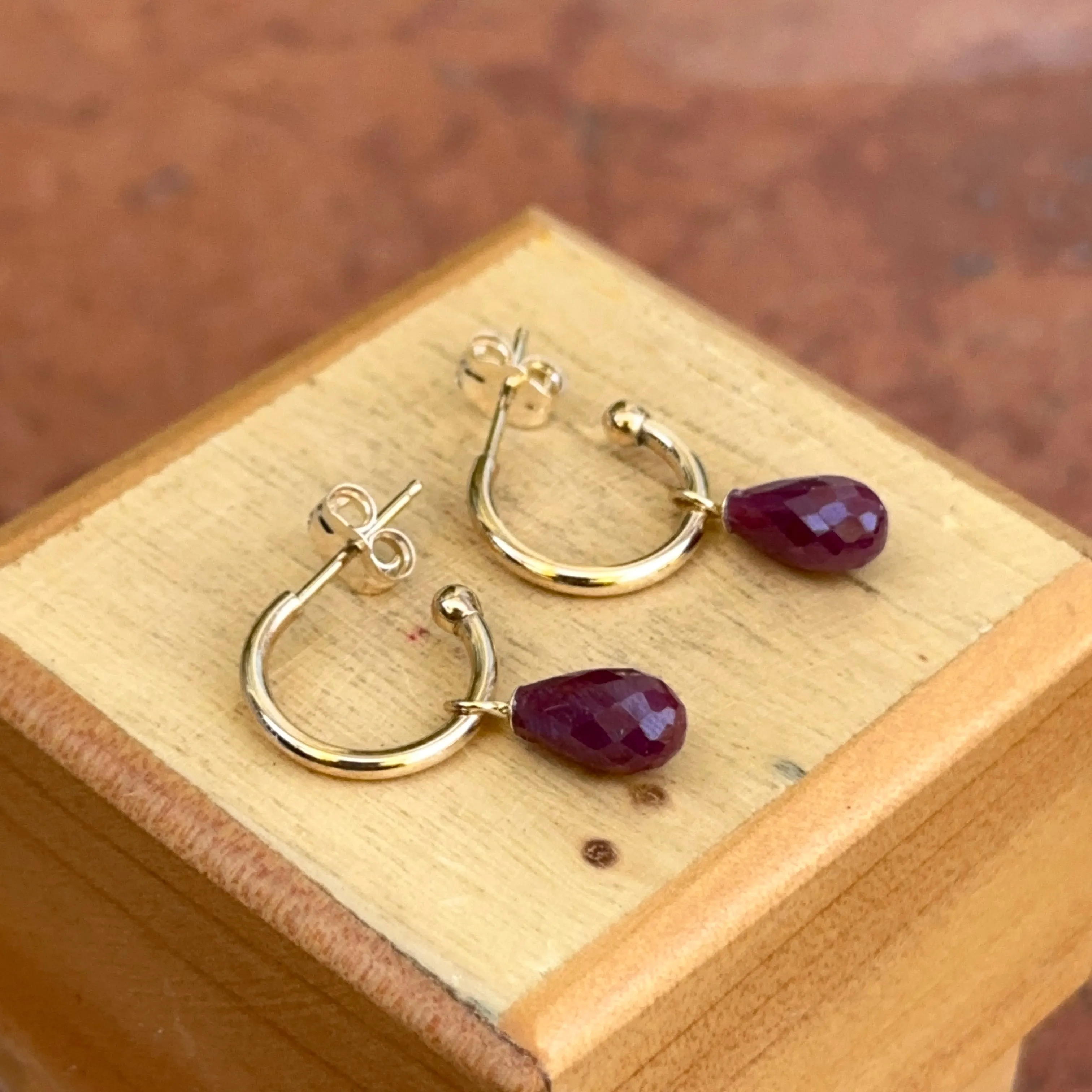 14KT Yellow Gold Teardrop Ruby Charm Hoop Earrings