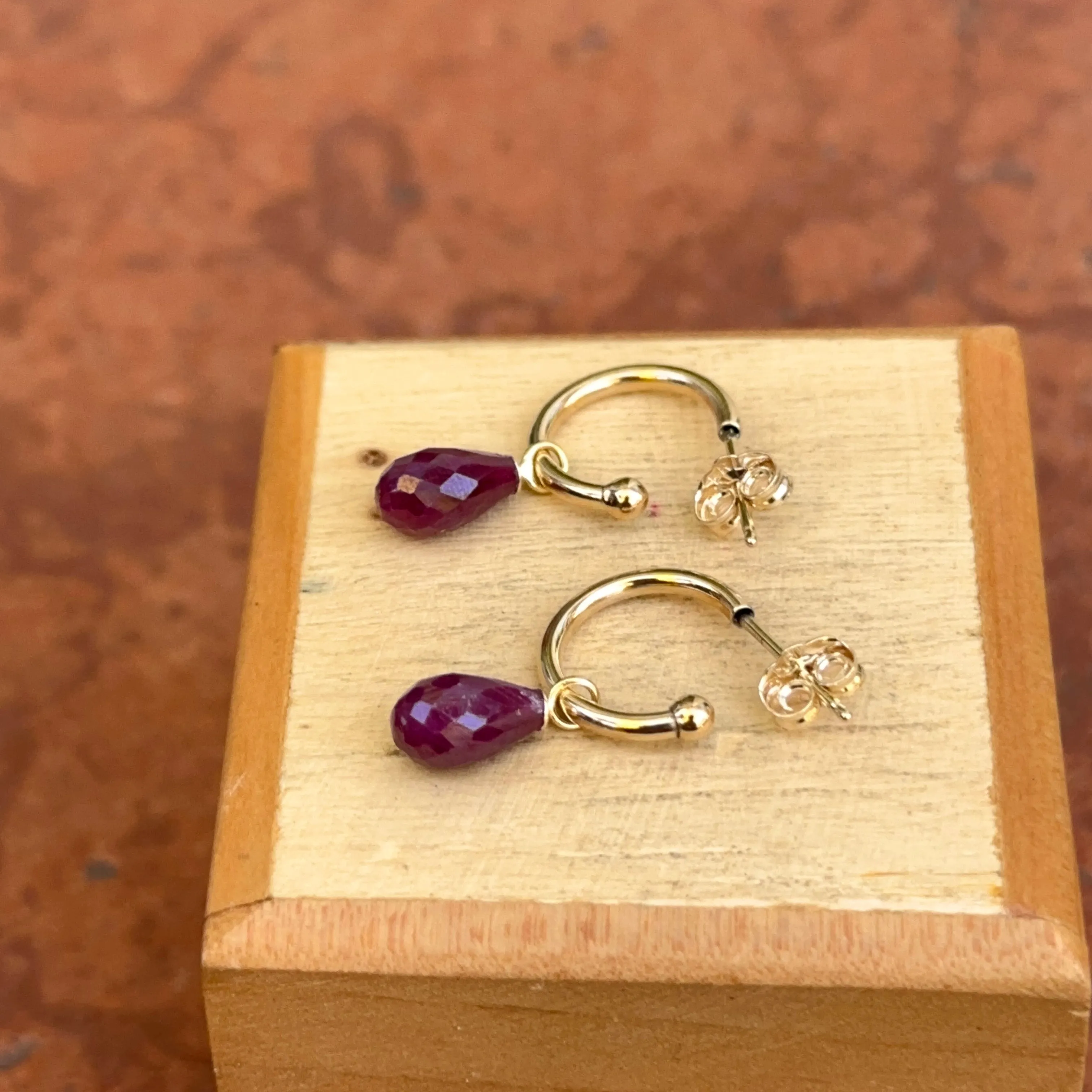 14KT Yellow Gold Teardrop Ruby Charm Hoop Earrings