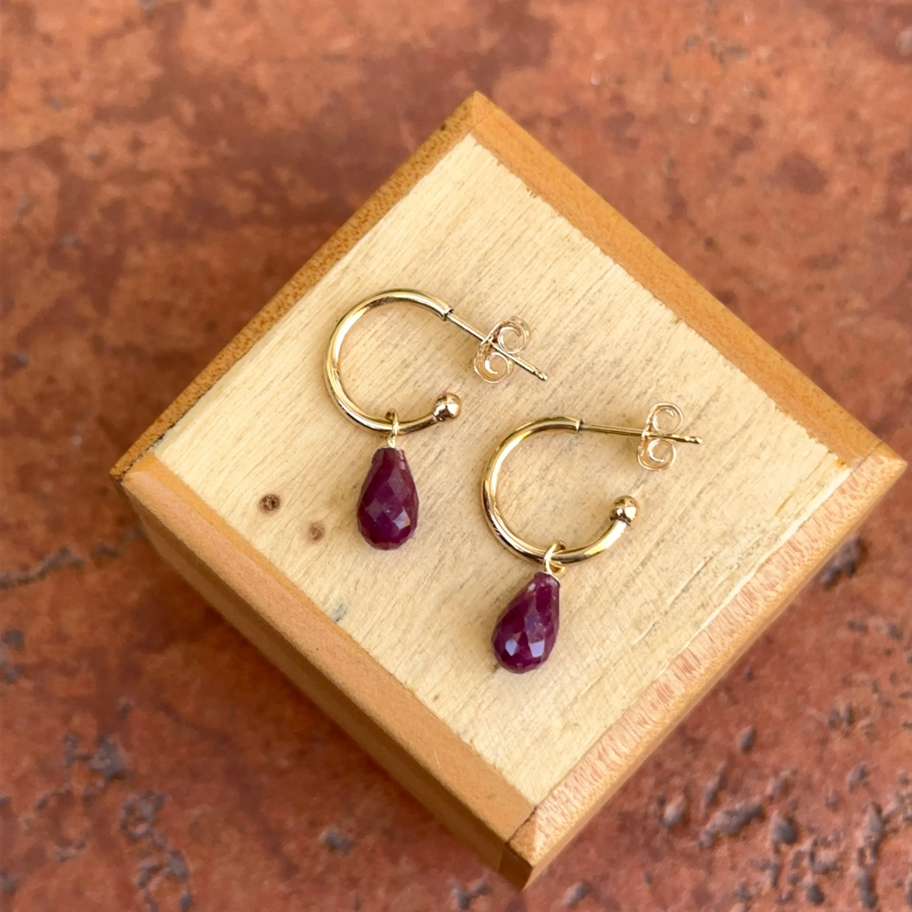 14KT Yellow Gold Teardrop Ruby Charm Hoop Earrings