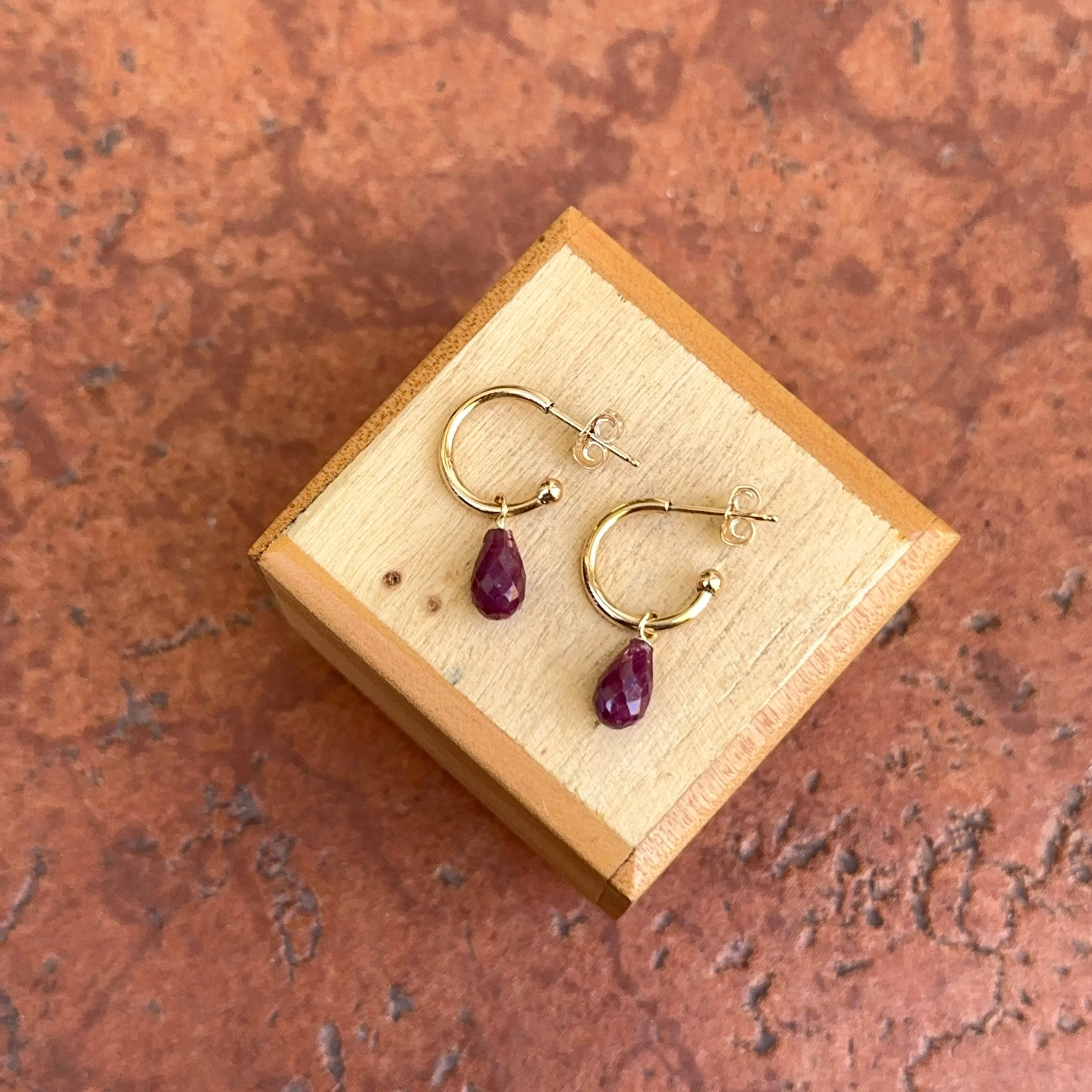 14KT Yellow Gold Teardrop Ruby Charm Hoop Earrings