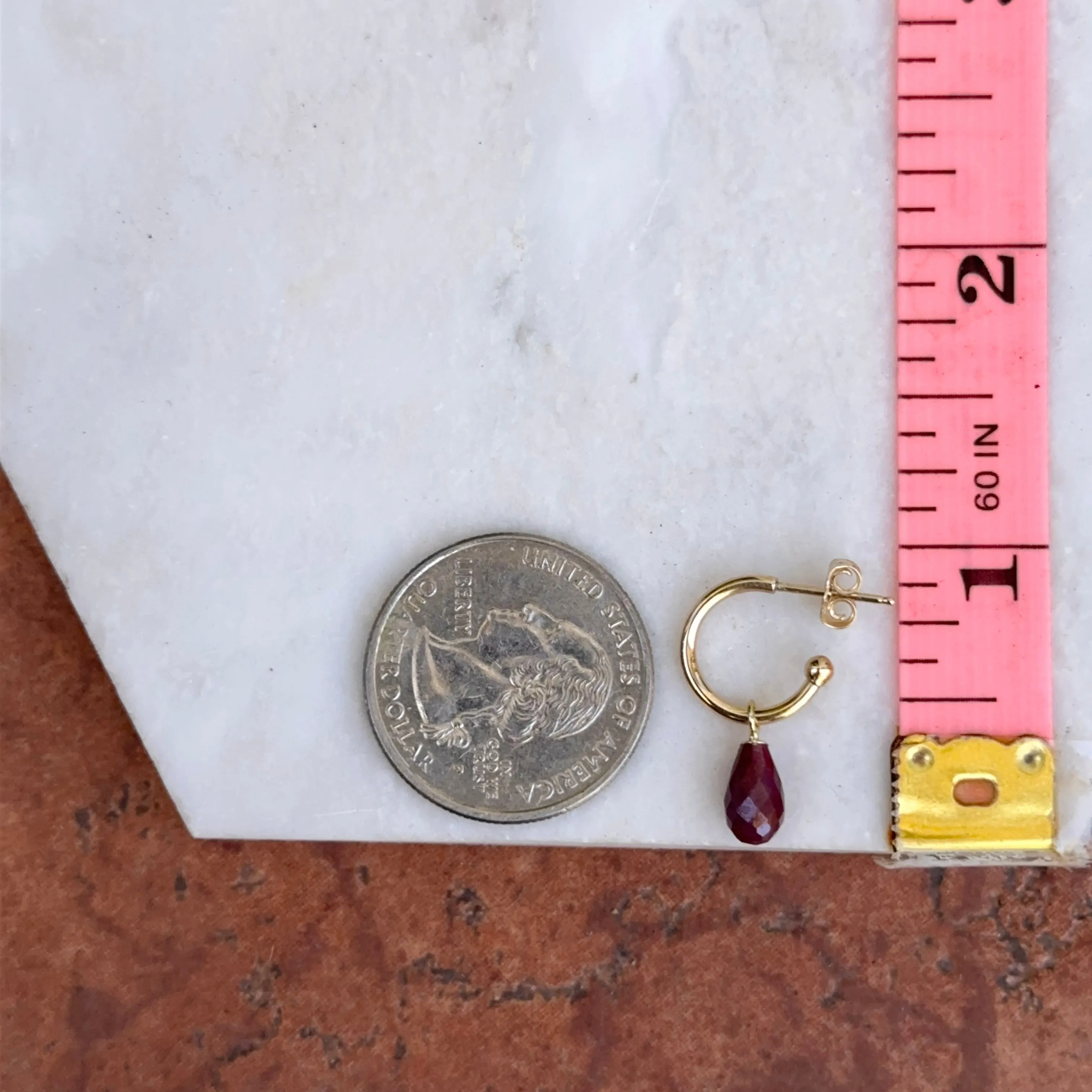 14KT Yellow Gold Teardrop Ruby Charm Hoop Earrings