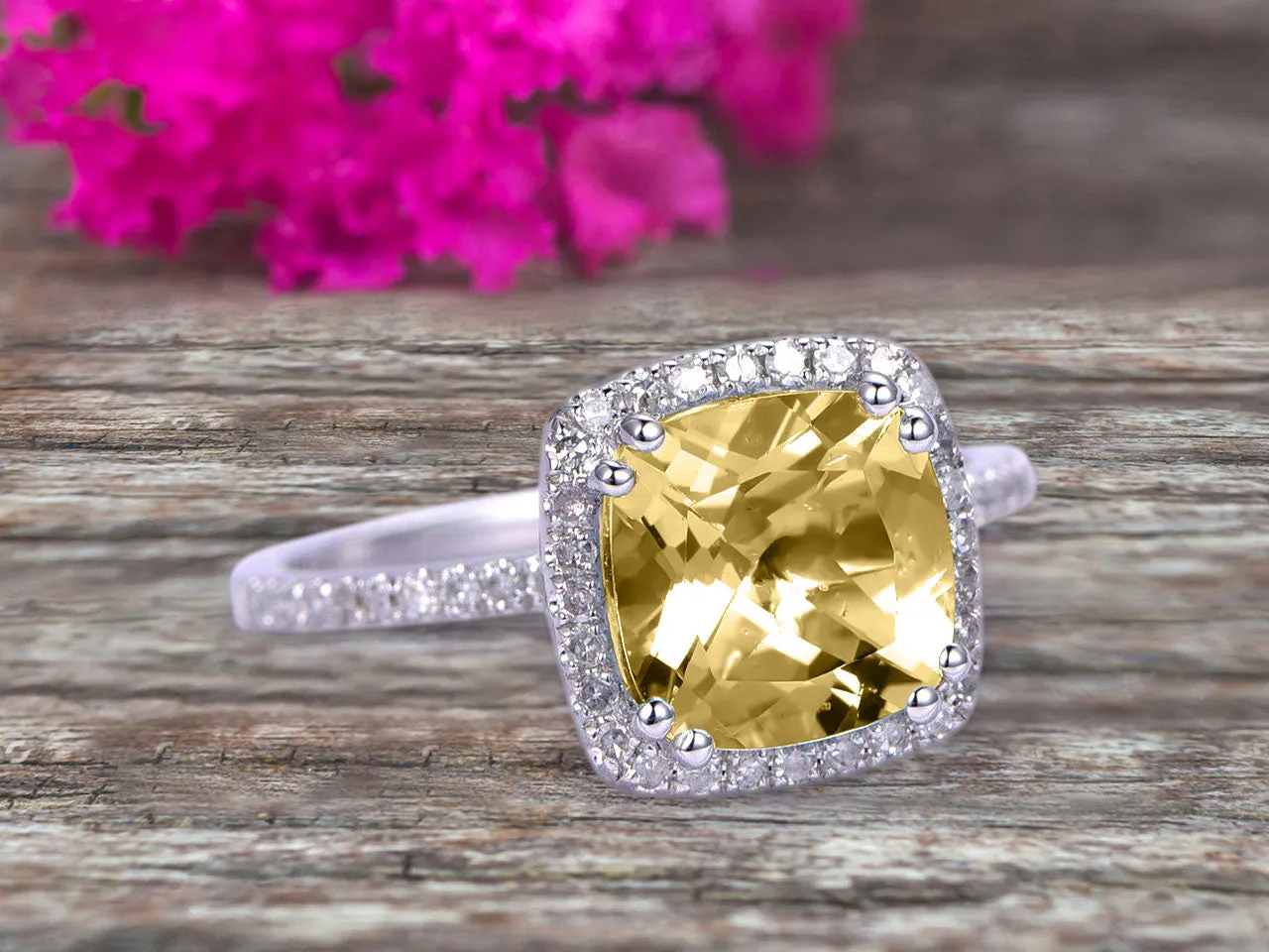 1.5 Carat Cushion Cut Champagne Diamond Moissanite Engagement Ring on 10k White Gold