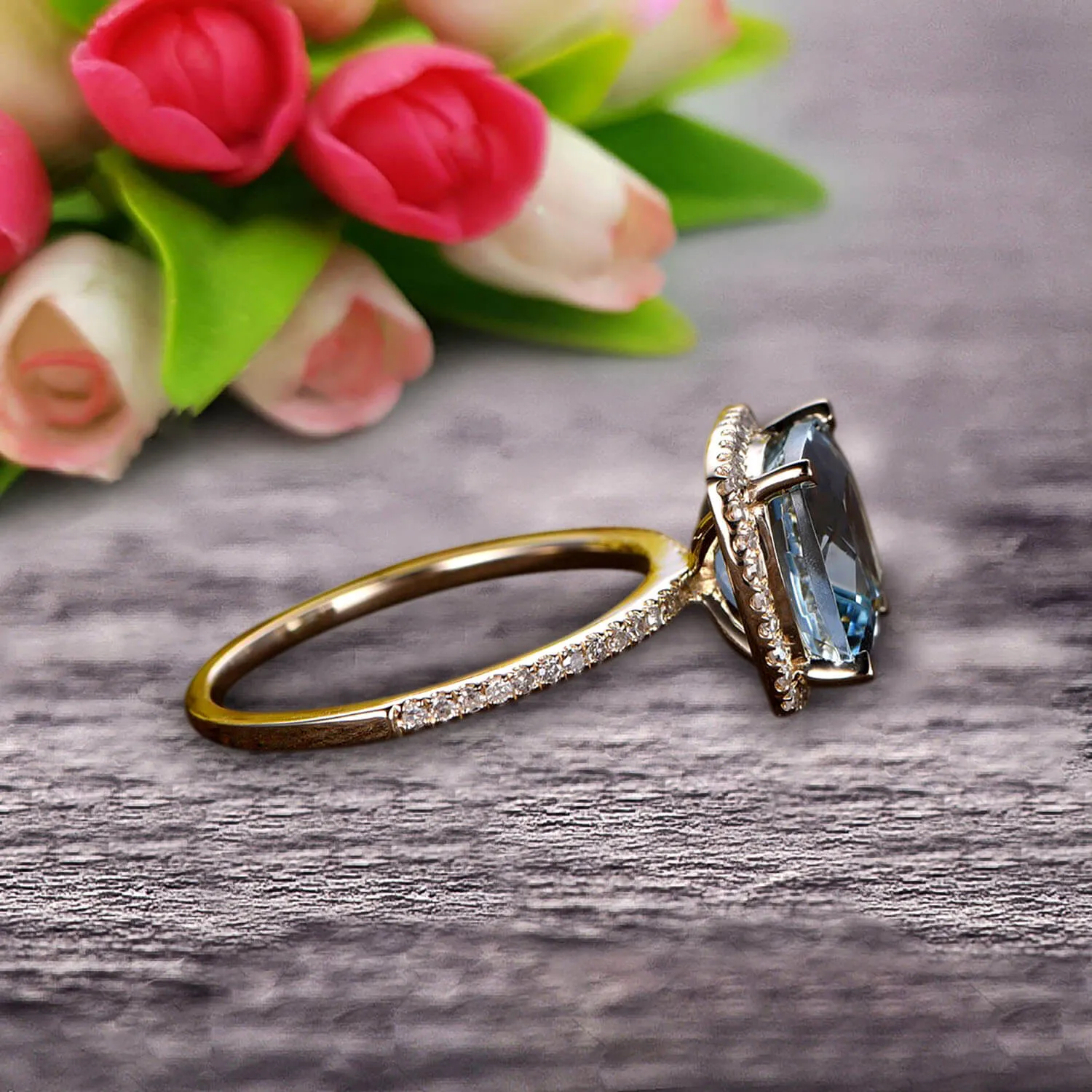 1.50 Carat Cushion Cut Aquamarine And Moissanite Diamond Engagement Ring On 10k Yellow Gold Ring