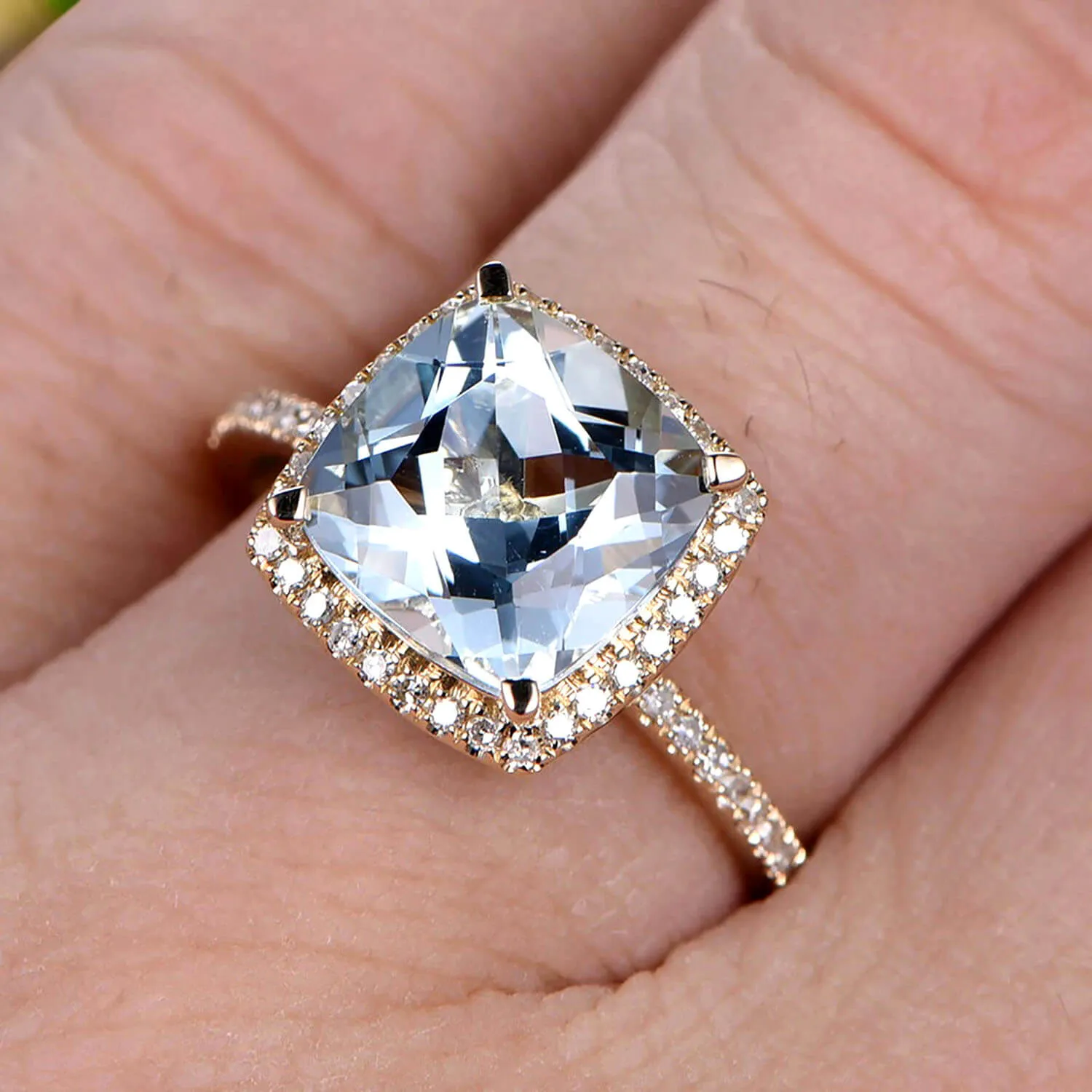 1.50 Carat Cushion Cut Aquamarine And Moissanite Diamond Engagement Ring On 10k Yellow Gold Ring