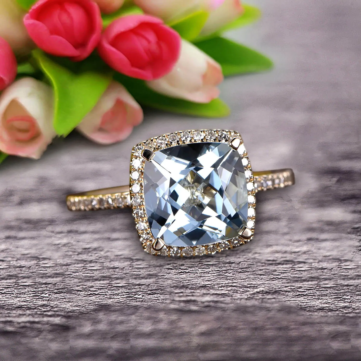 1.50 Carat Cushion Cut Aquamarine And Moissanite Diamond Engagement Ring On 10k Yellow Gold Ring
