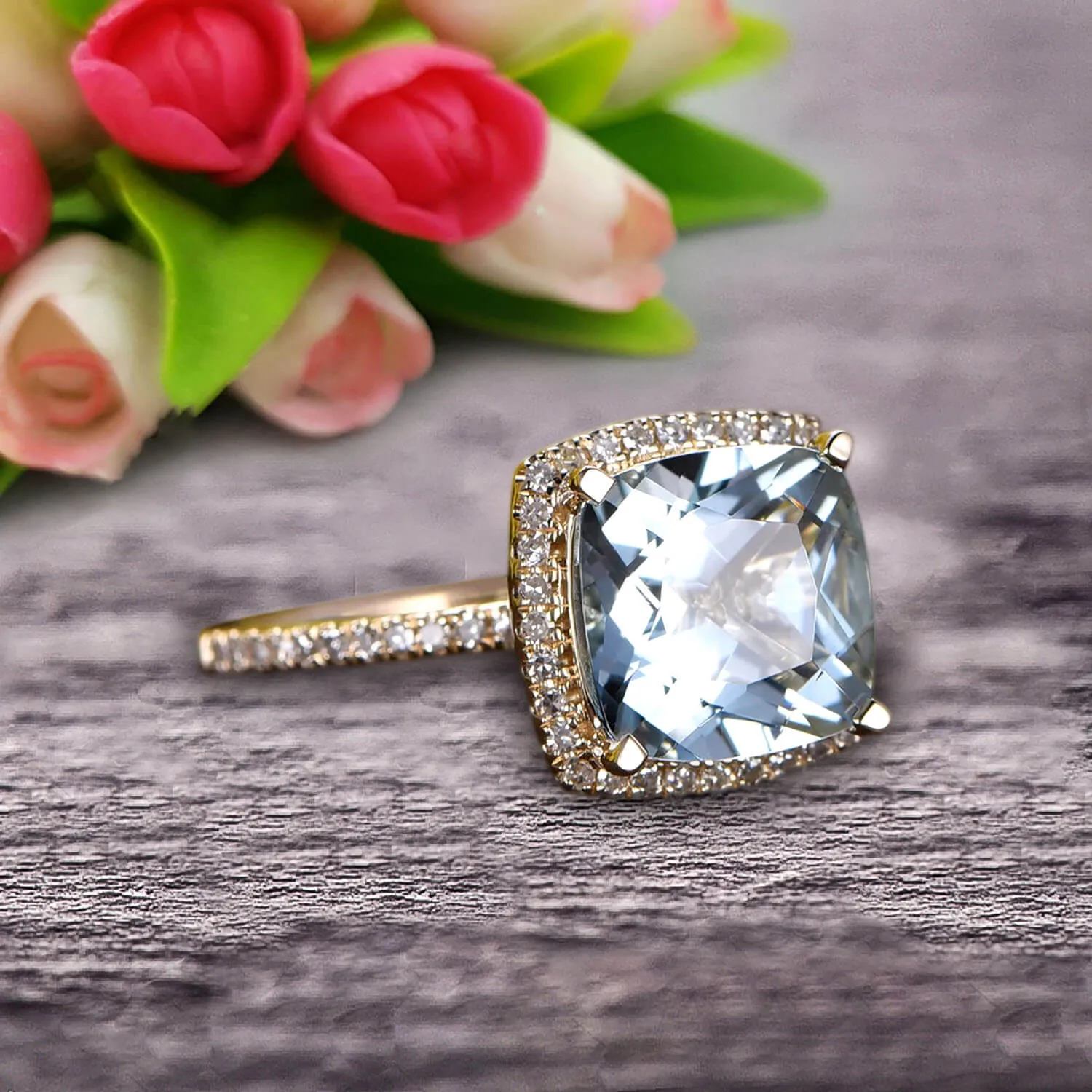 1.50 Carat Cushion Cut Aquamarine And Moissanite Diamond Engagement Ring On 10k Yellow Gold Ring