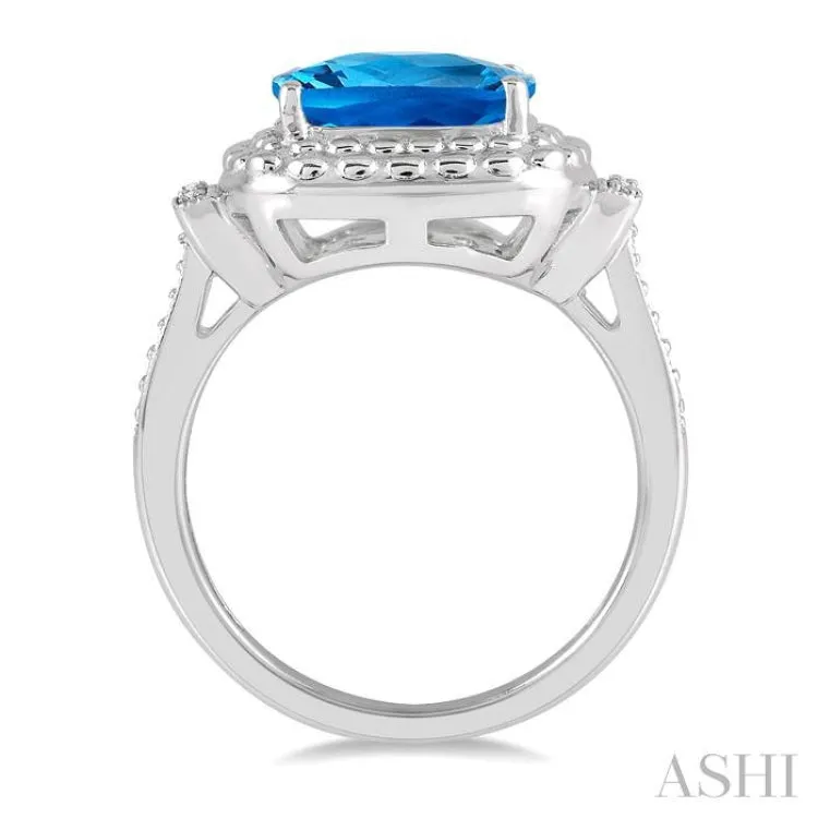 1/50 Ctw Round Cut Diamond & 10x10MM Cushion Cut Blue Topaz Semi Precious Ring in Sterling Silver