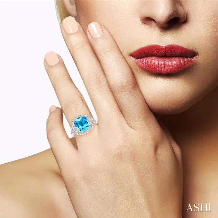 1/50 Ctw Round Cut Diamond & 10x10MM Cushion Cut Blue Topaz Semi Precious Ring in Sterling Silver