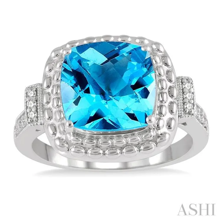 1/50 Ctw Round Cut Diamond & 10x10MM Cushion Cut Blue Topaz Semi Precious Ring in Sterling Silver