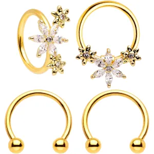 16 Gauge 3/8 Clear CZ Gem Gold Tone Fun Flowers Horseshoe BCR Captive Ring Set