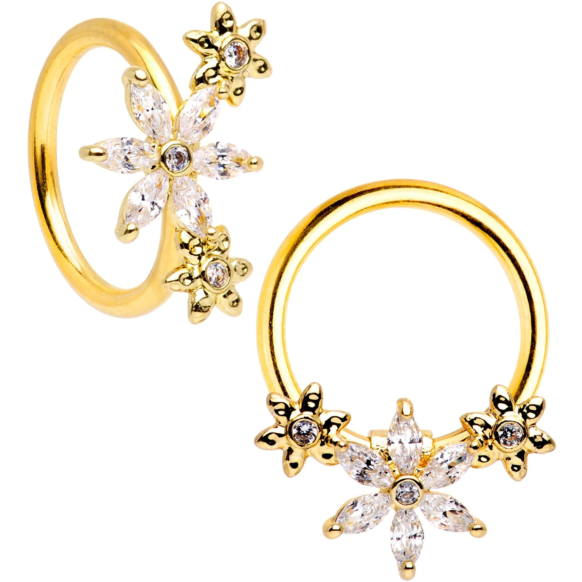 16 Gauge 3/8 Clear CZ Gem Gold Tone Fun Flowers Horseshoe BCR Captive Ring Set