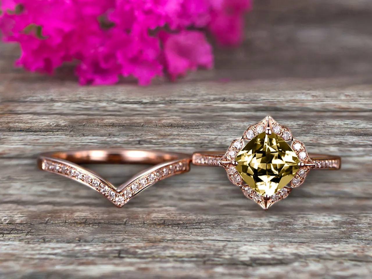 1.75 Carat Champagne Diamond Moissanite Engagement Ring On 10k Rose Gold With V-Shape Matching Wedding Band Anniversary Ring HALO Cushion Cut Champagne Diamond Moissanite