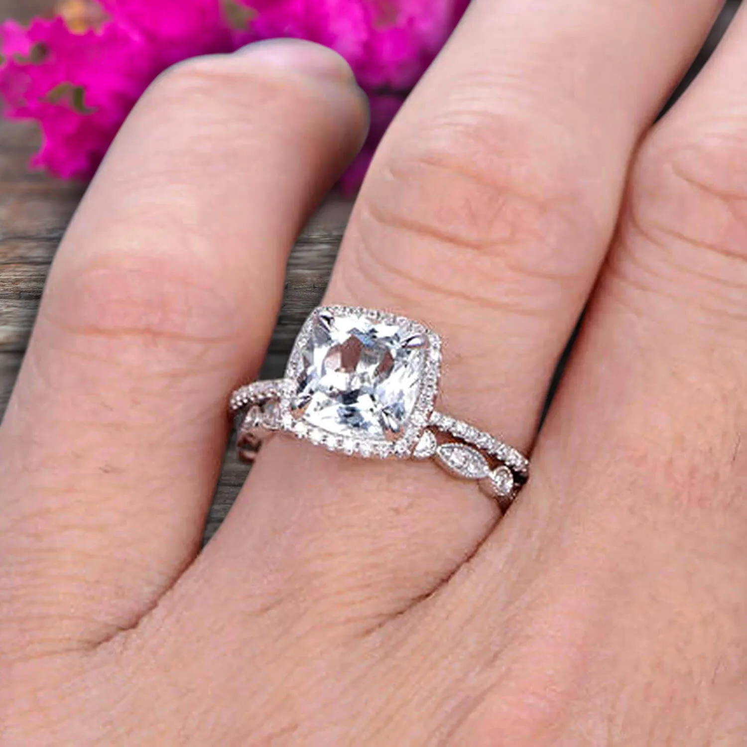 1.75 Carat Cushion Cut Vintage Looking Aquamarine Engagement Ring with Wedding Band on 10k White Gold
