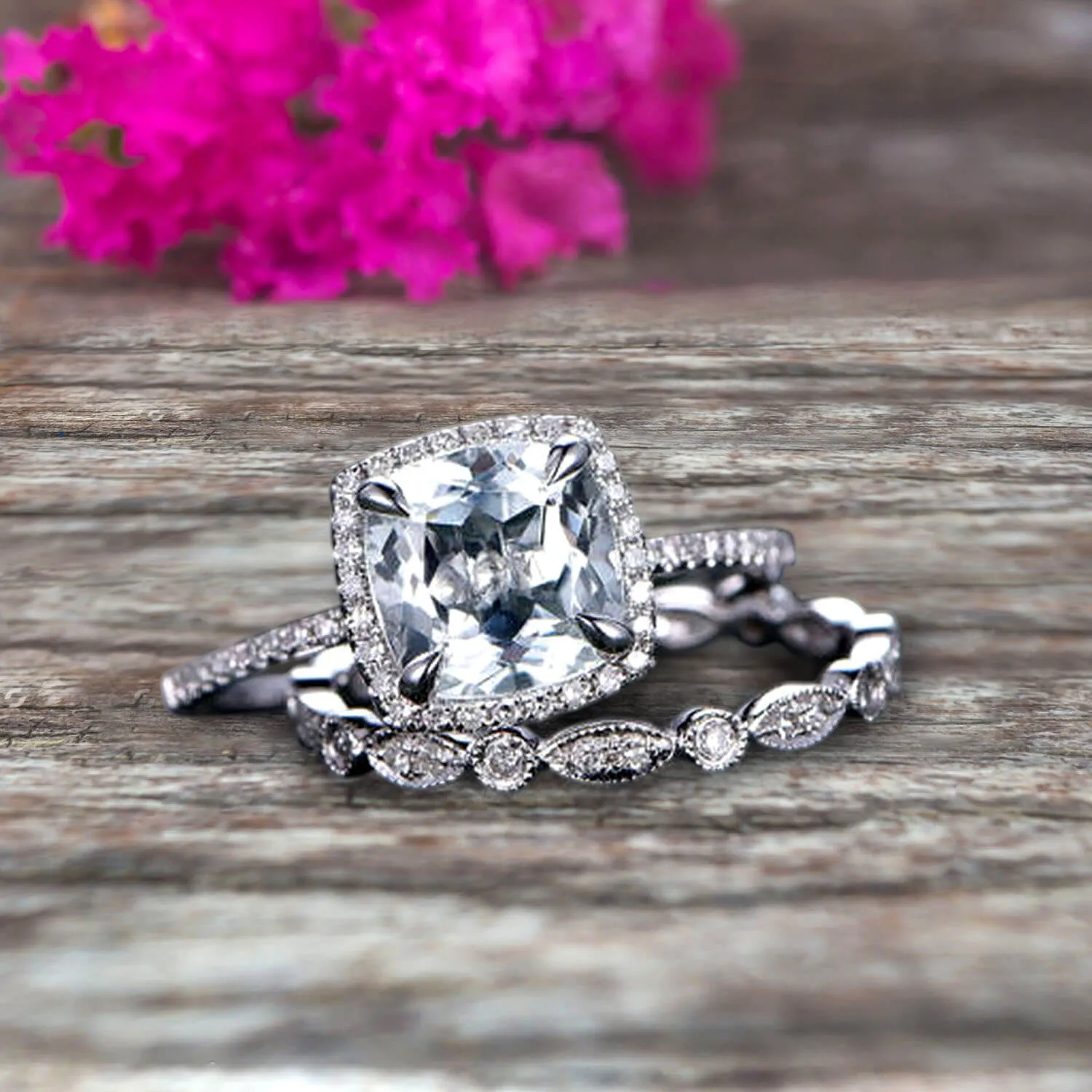 1.75 Carat Cushion Cut Vintage Looking Aquamarine Engagement Ring with Wedding Band on 10k White Gold