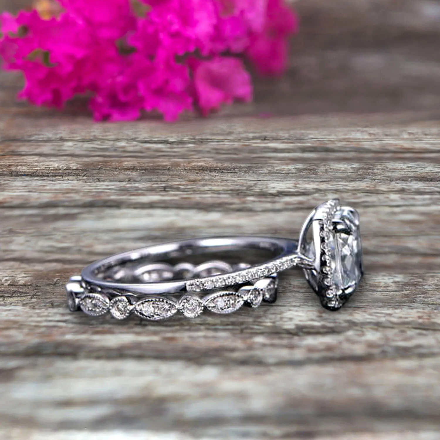 1.75 Carat Cushion Cut Vintage Looking Aquamarine Engagement Ring with Wedding Band on 10k White Gold