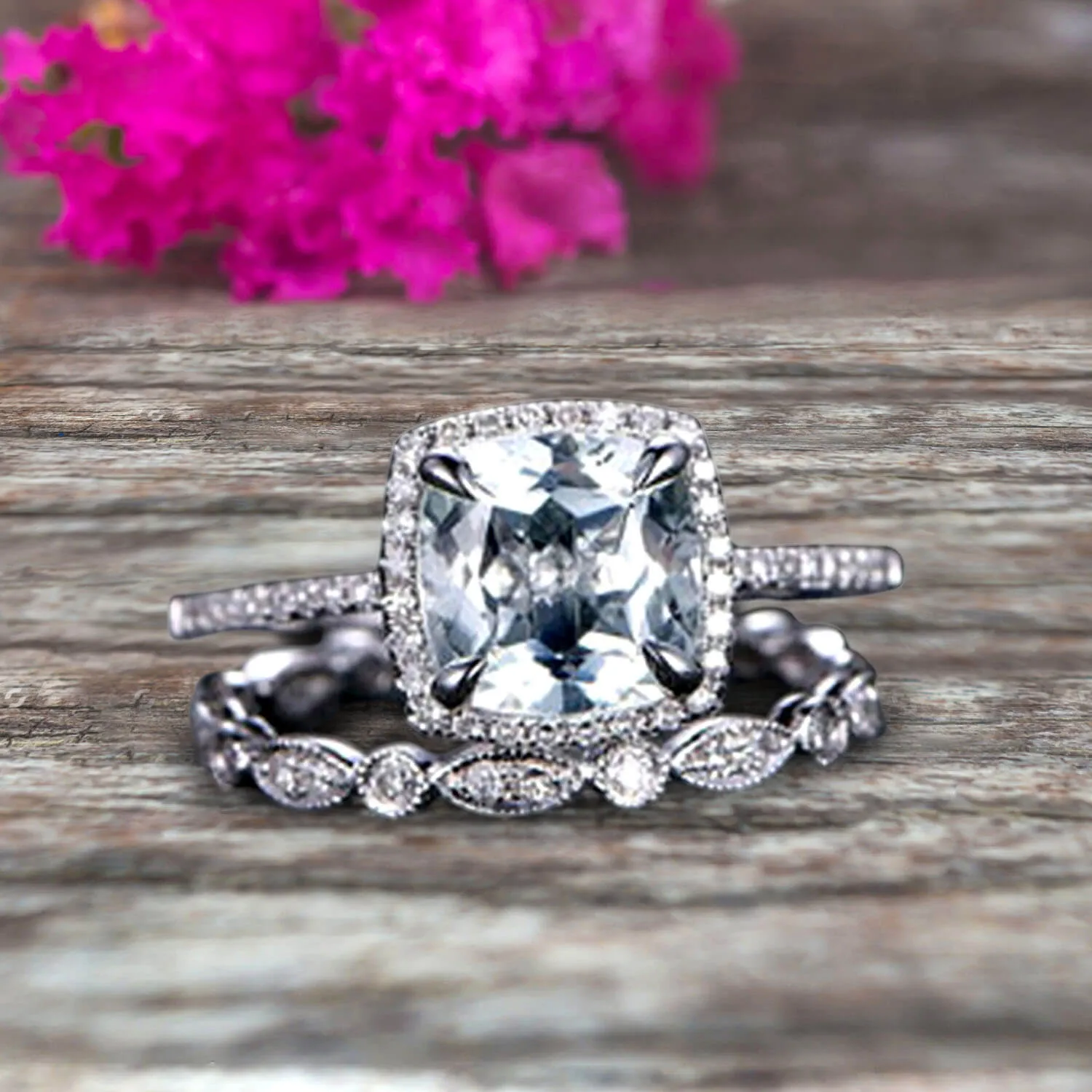 1.75 Carat Cushion Cut Vintage Looking Aquamarine Engagement Ring with Wedding Band on 10k White Gold