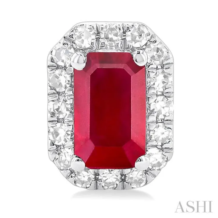 1/8 ctw Round Cut Diamond and 5X3MM Octagonal Shape Ruby Halo Precious Stud Earrings in 14K White Gold
