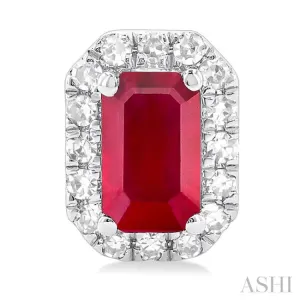 1/8 ctw Round Cut Diamond and 5X3MM Octagonal Shape Ruby Halo Precious Stud Earrings in 14K White Gold