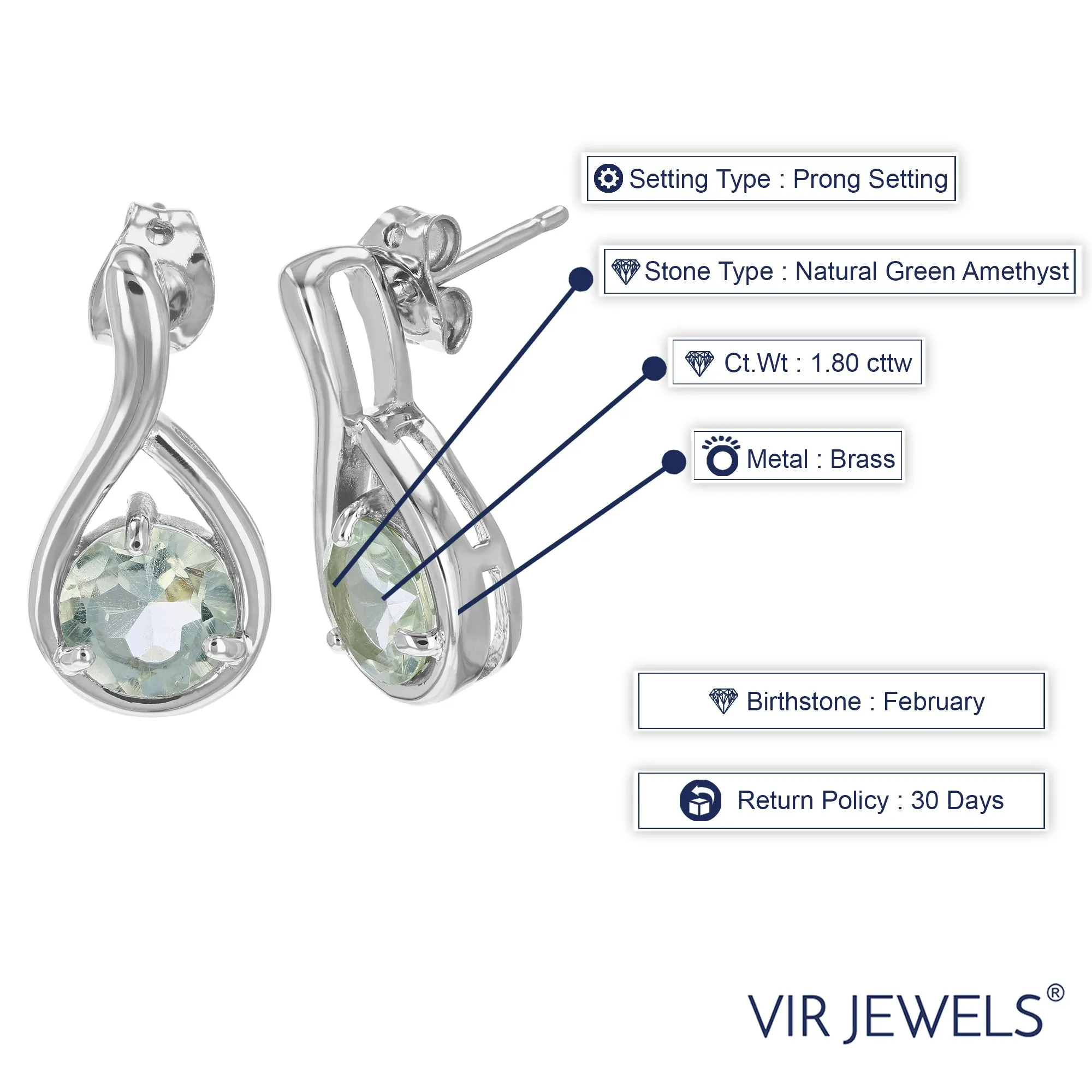 1.80 cttw Green Amethyst Dangle Earrings Brass With Rhodium Plating 7 MM Round