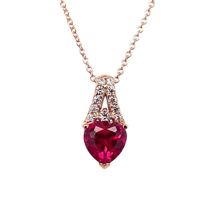 1.86 CTW DEW Heart Lab Created Ruby & Moissanite Pendant in 14K Rose Gold