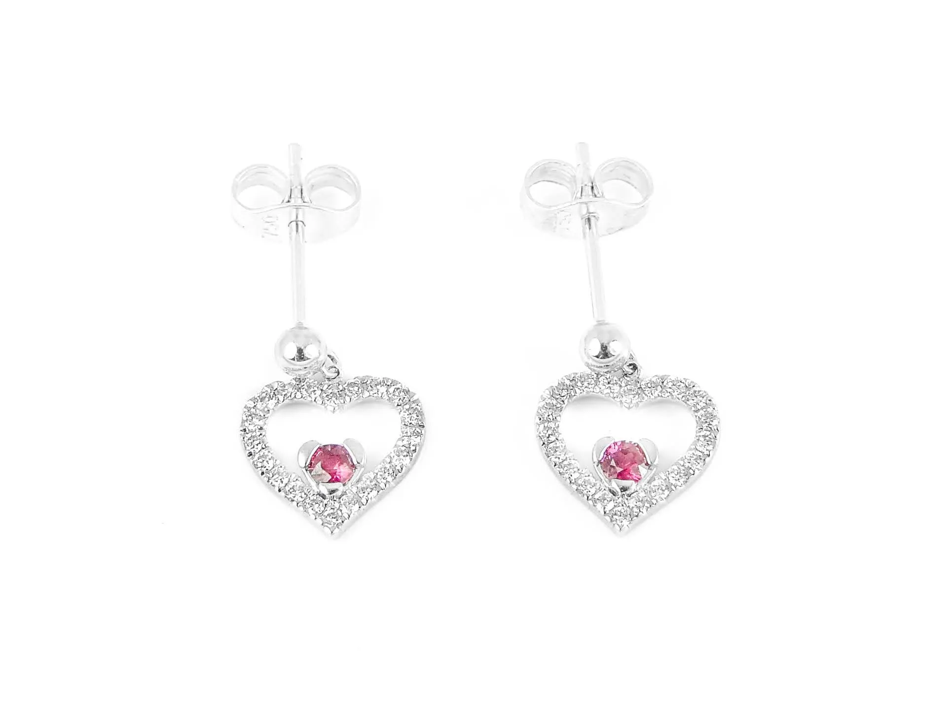 18ct White Gold, Ruby & Diamond Open Heart Dangle Earrings