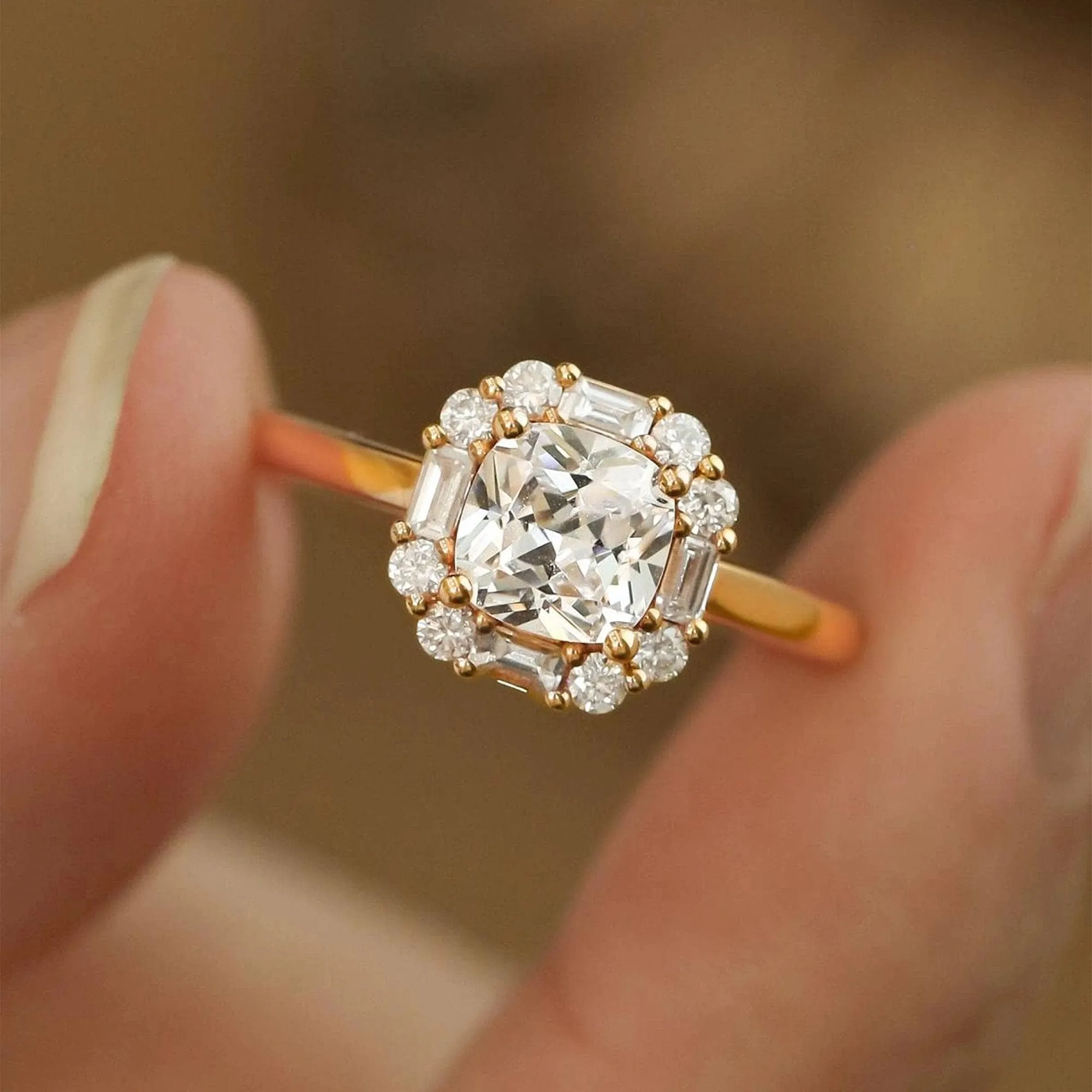 18k Cushion Cut Diamond Vintage Halo Engagement Ring
