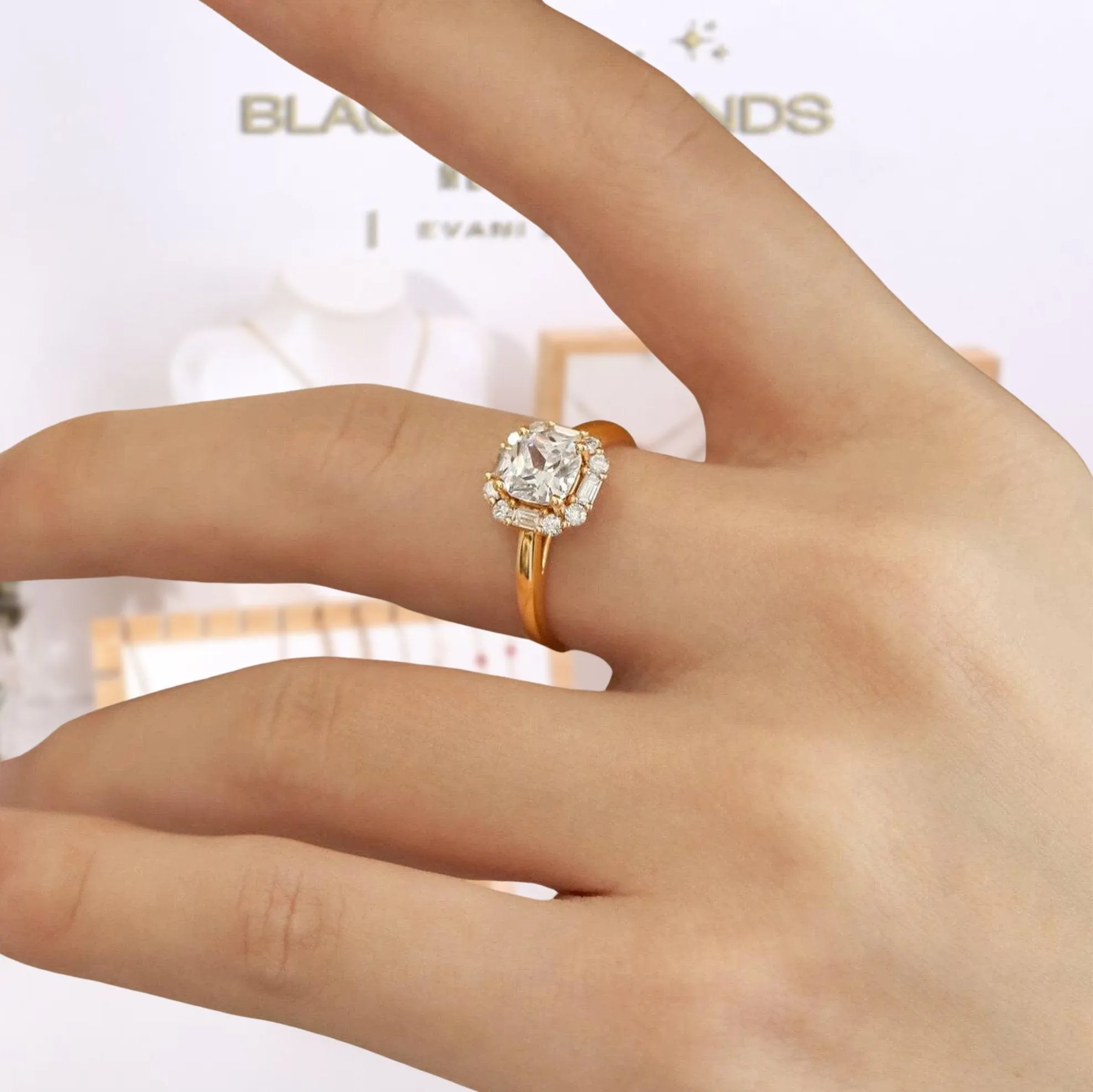 18k Cushion Cut Diamond Vintage Halo Engagement Ring