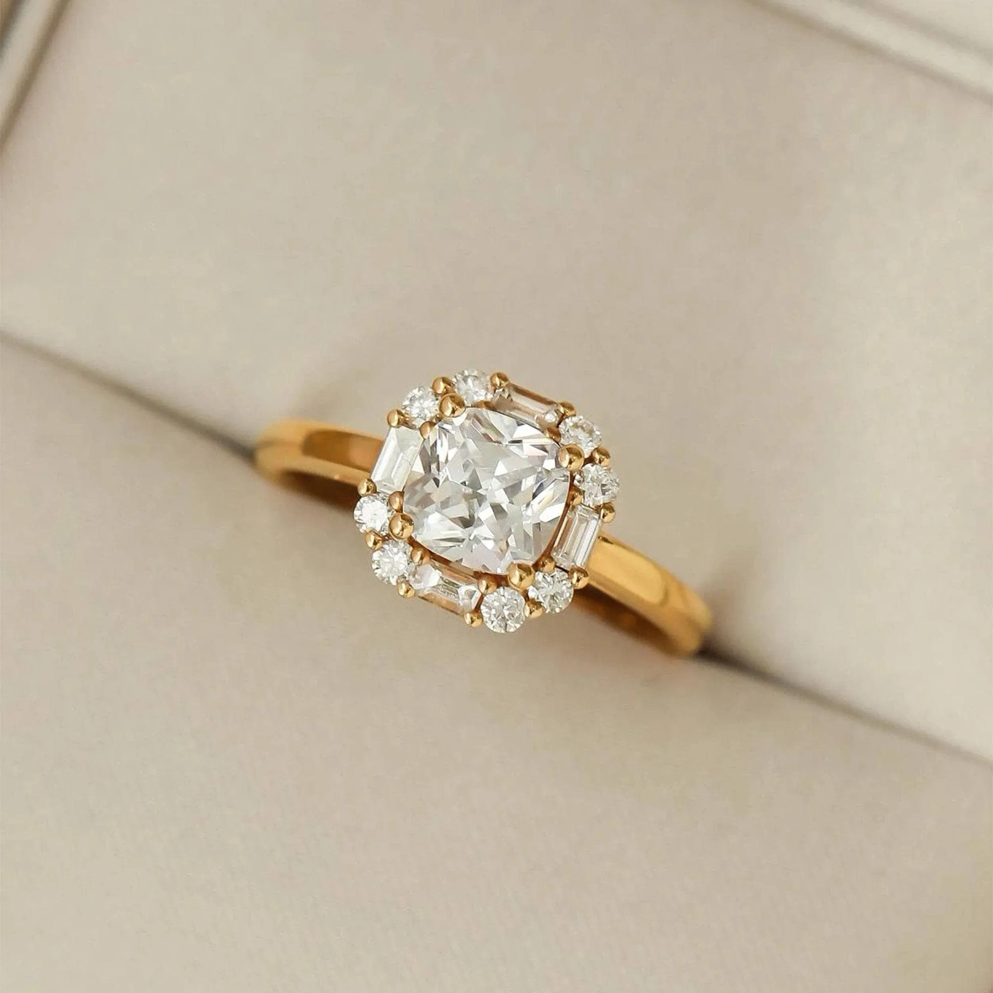 18k Cushion Cut Diamond Vintage Halo Engagement Ring