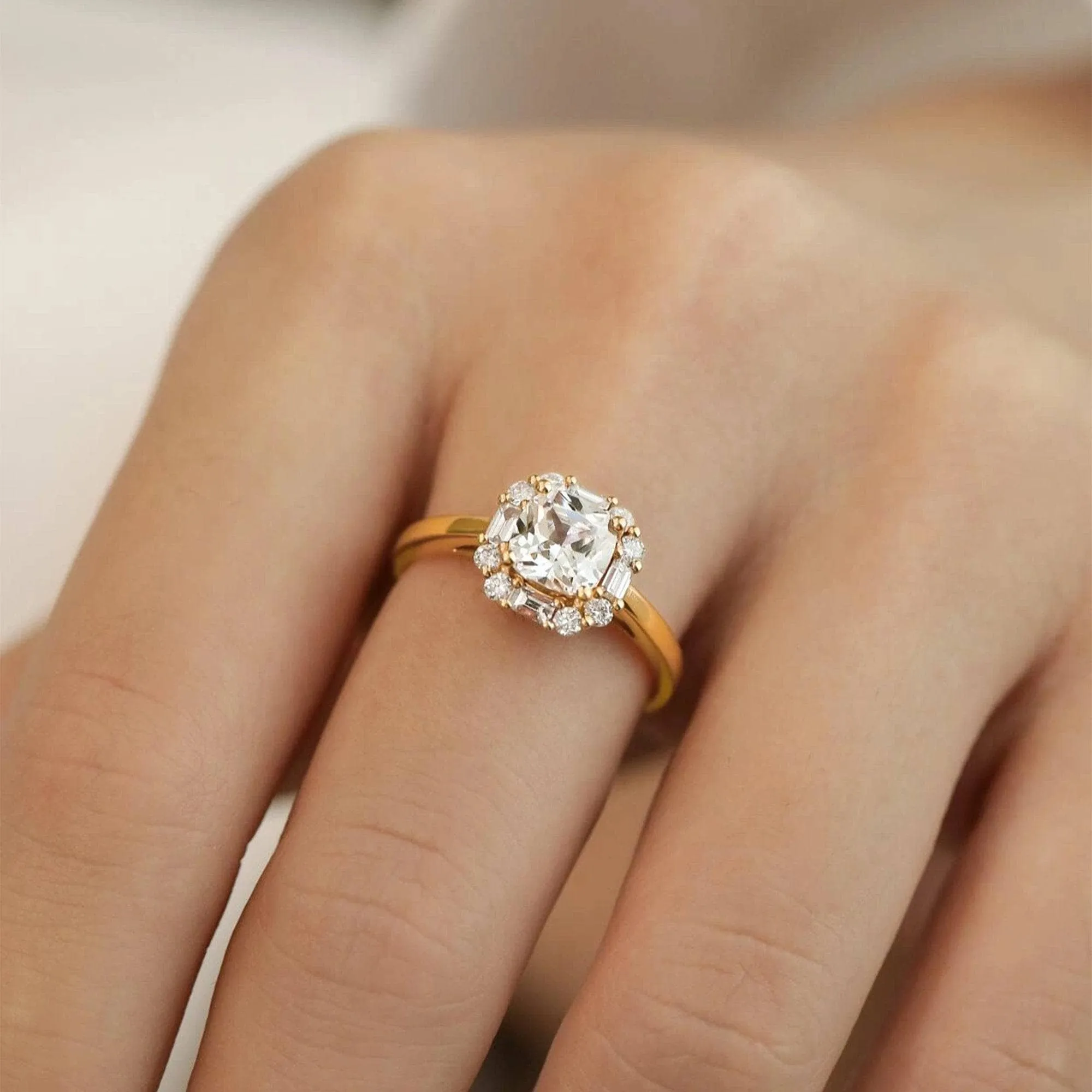 18k Cushion Cut Diamond Vintage Halo Engagement Ring