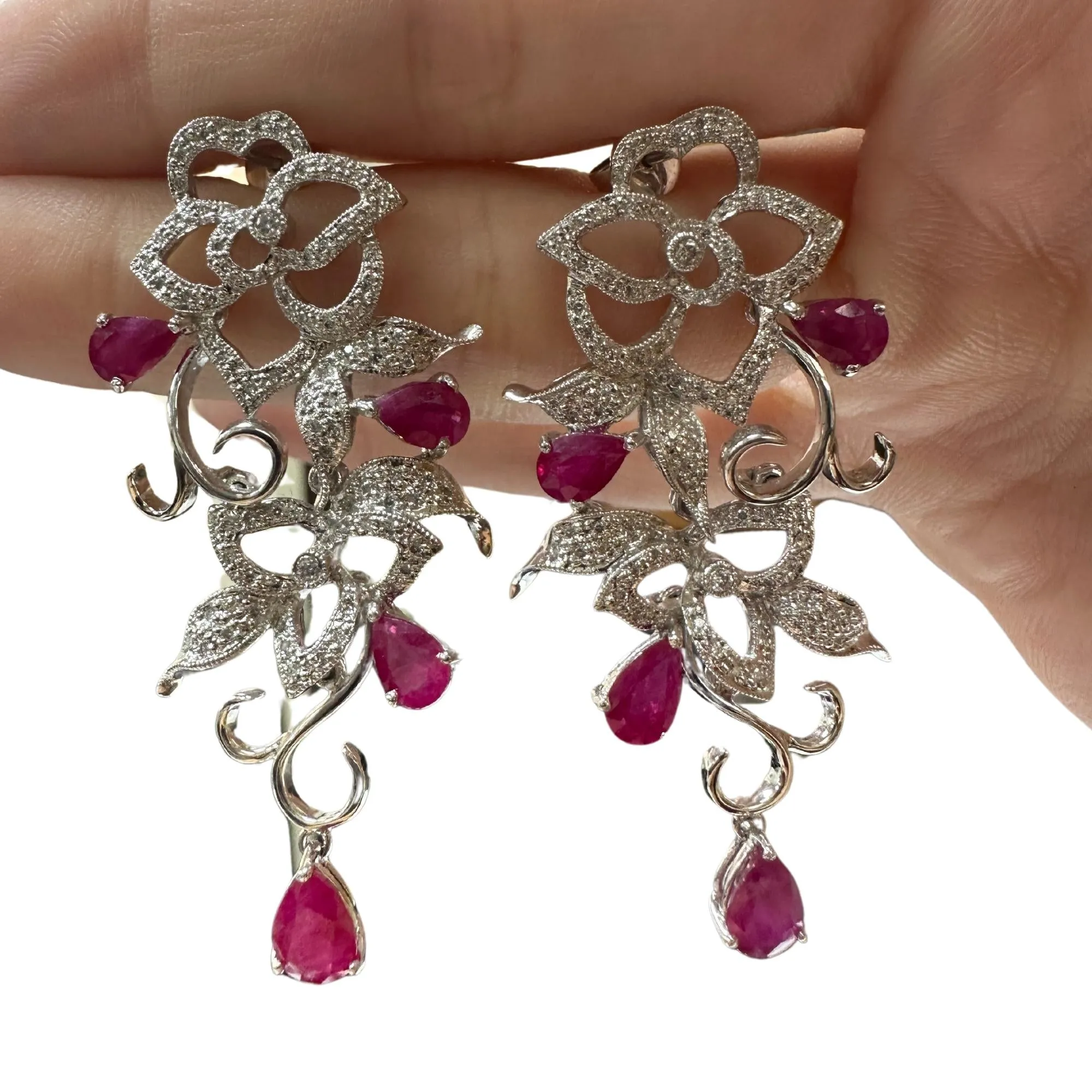 18k Diamond and Pear Shaped Ruby Earrings