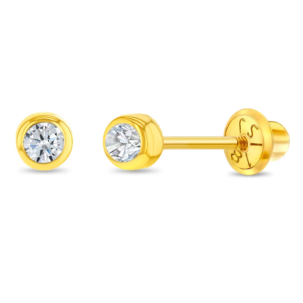 18k Gold Bezel Set Diamond Baby / Toddler / Kids Earrings Safety Screw Back
