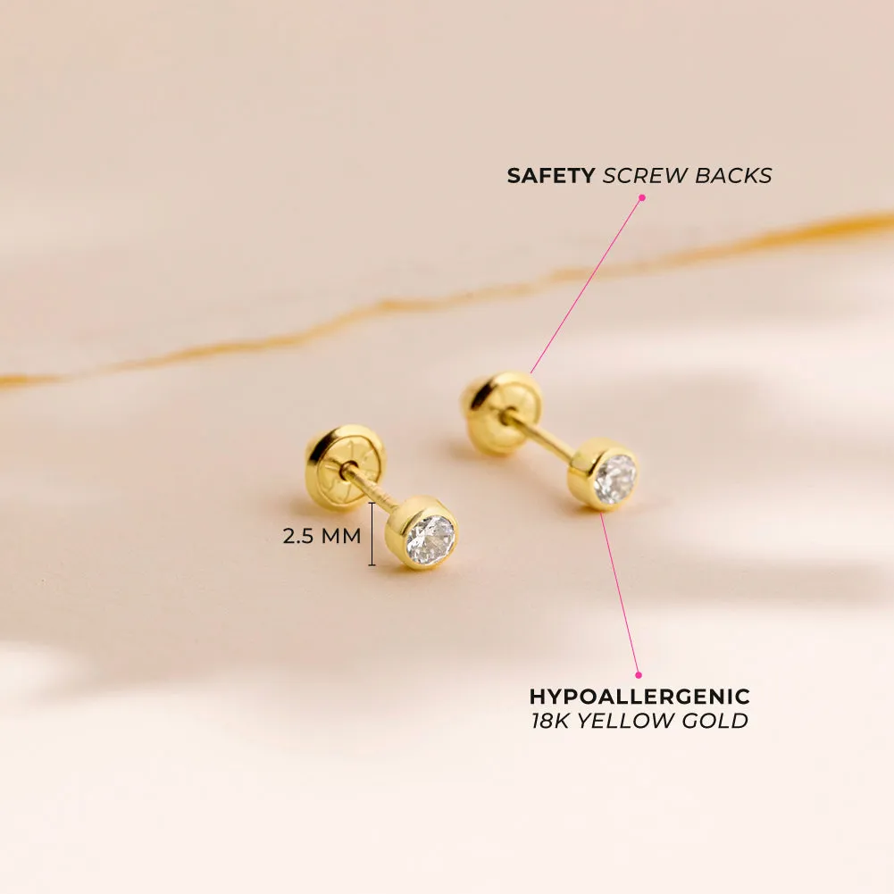 18k Gold Bezel Set Diamond Baby / Toddler / Kids Earrings Safety Screw Back