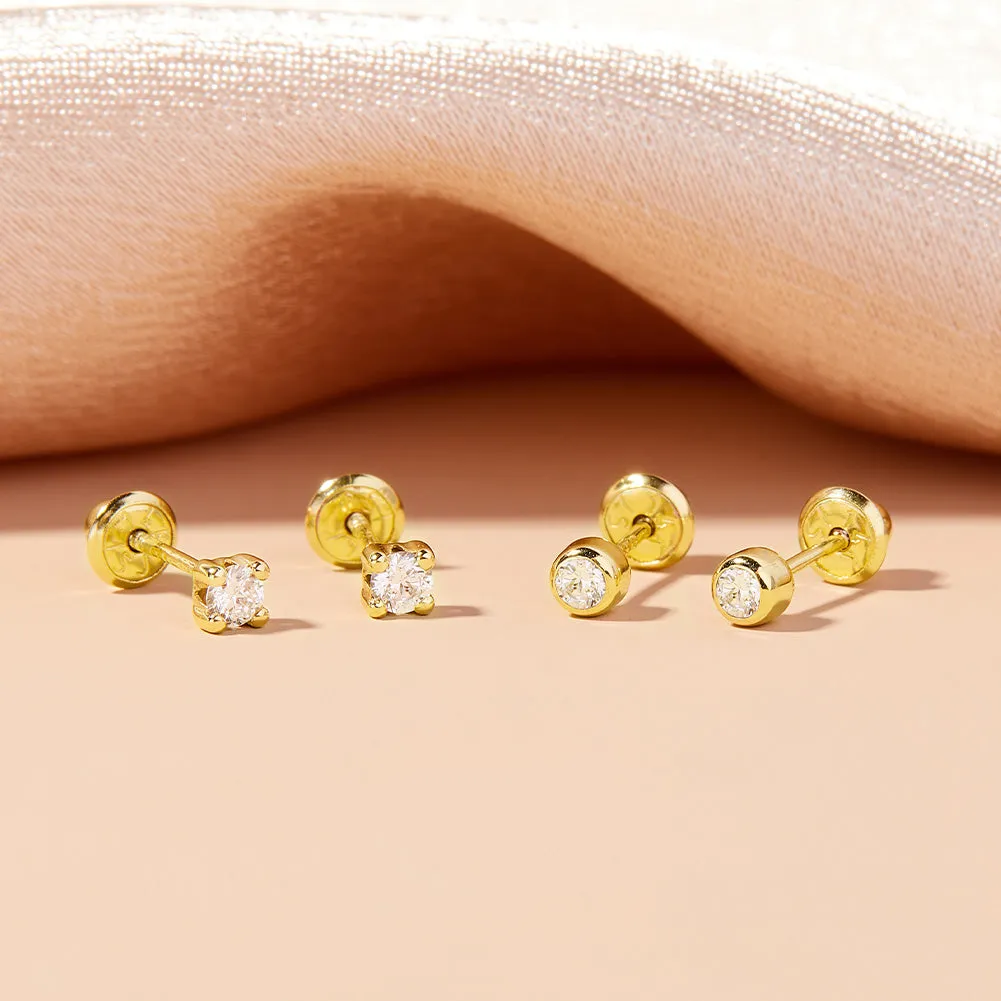 18k Gold Bezel Set Diamond Baby / Toddler / Kids Earrings Safety Screw Back