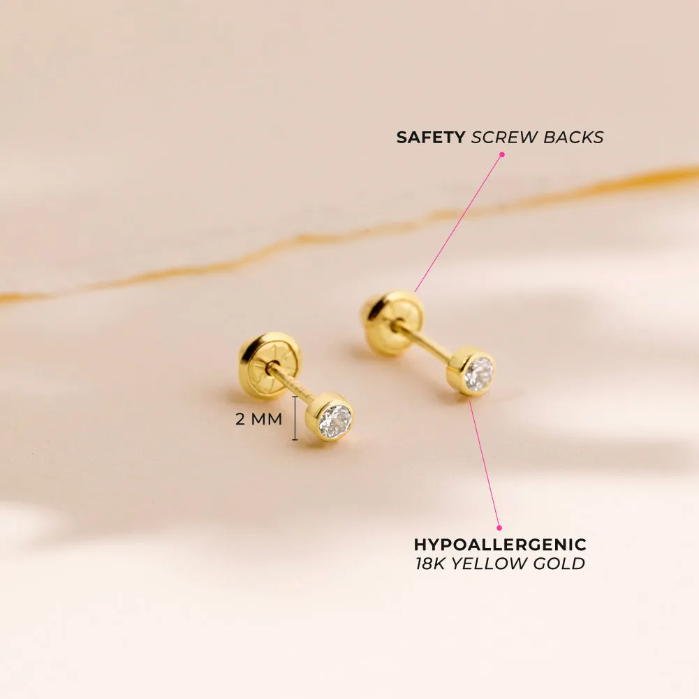18k Gold Bezel Set Diamond Baby / Toddler / Kids Earrings Safety Screw Back
