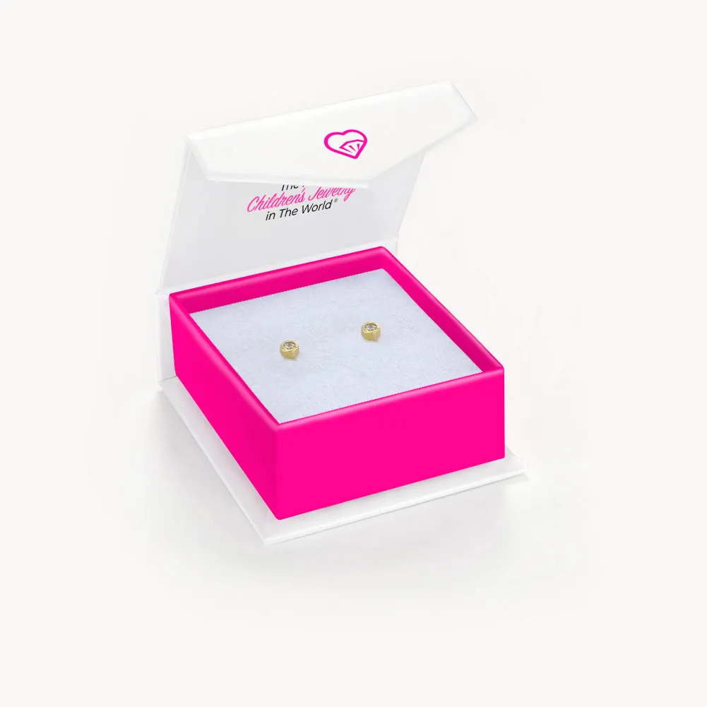 18k Gold Bezel Set Diamond Baby / Toddler / Kids Earrings Safety Screw Back