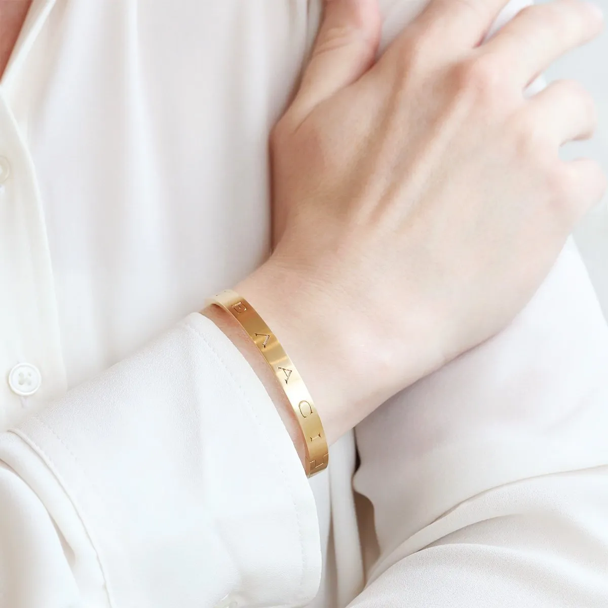 18K Gold Hinged Engraved "May You Have Luck and Laughter" Bangle Bracelet