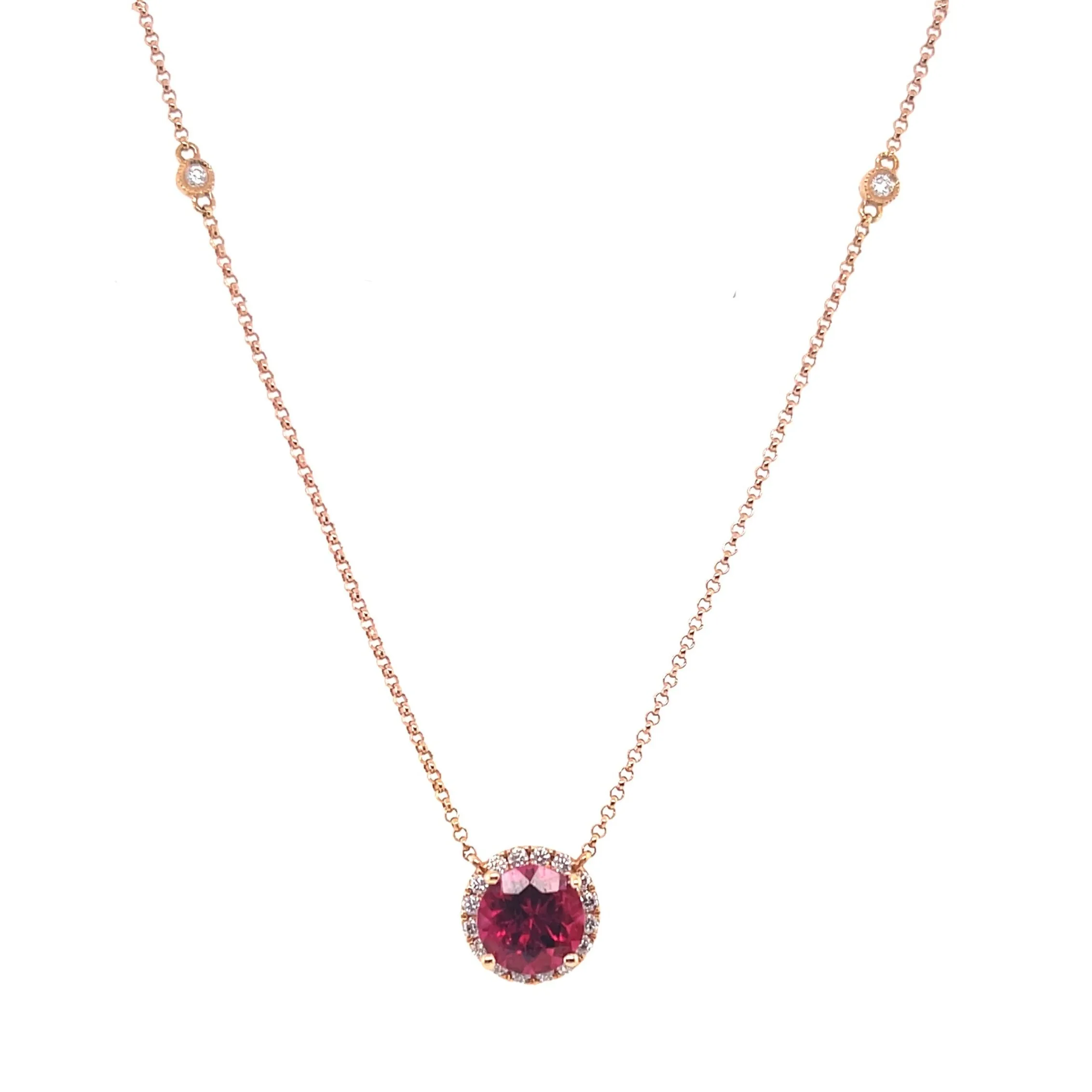 18K Rose Gold Rubelite & Diamond Halo Necklace (1.73ctw)