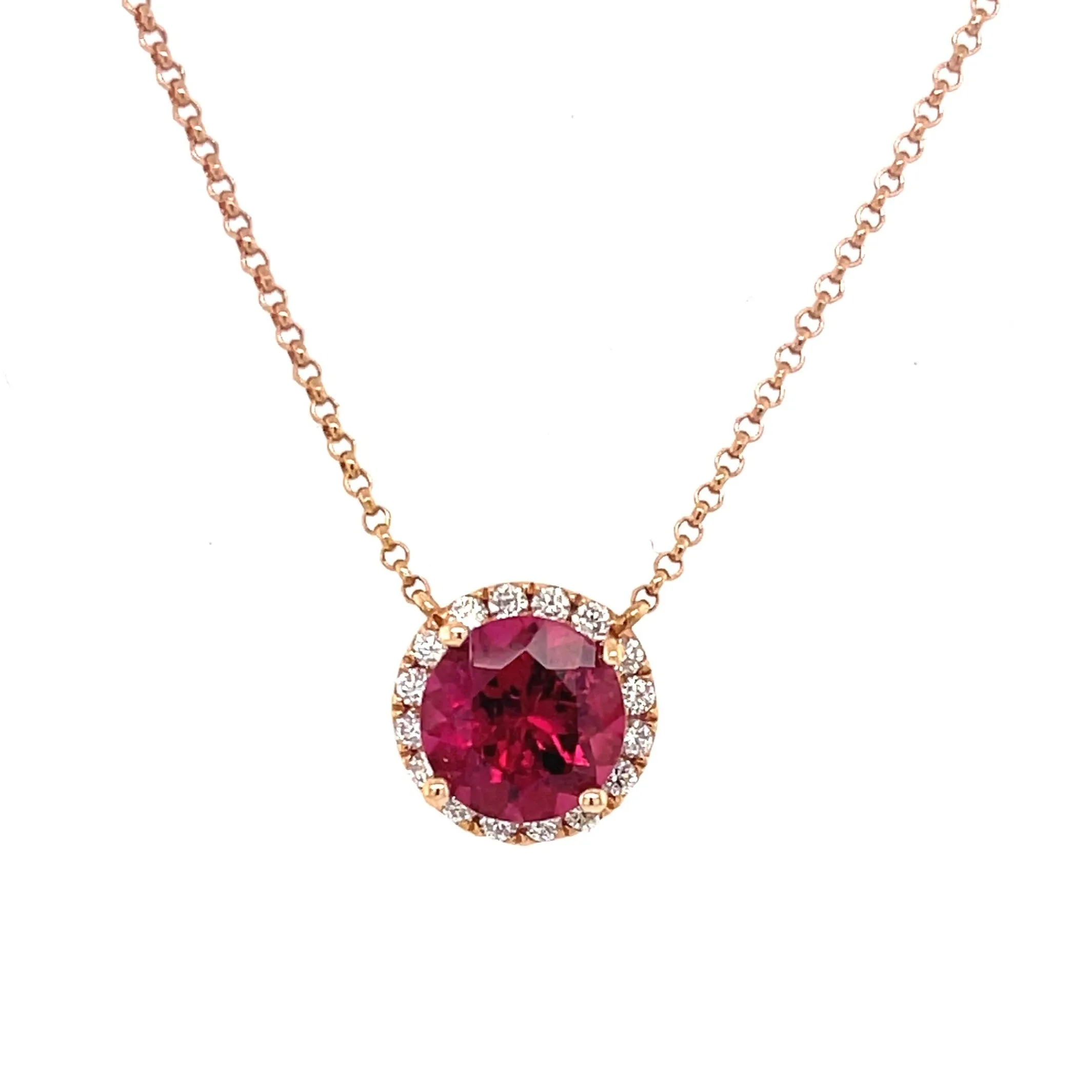 18K Rose Gold Rubelite & Diamond Halo Necklace (1.73ctw)