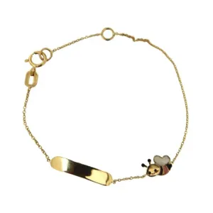 18K Solid Yellow Gold Pink and White Bumble Bee ID Bracelet