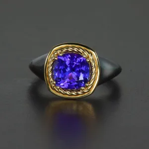 18K White and Yellow Gold Square Cushion Tanzanite Ring 2.30 Carats