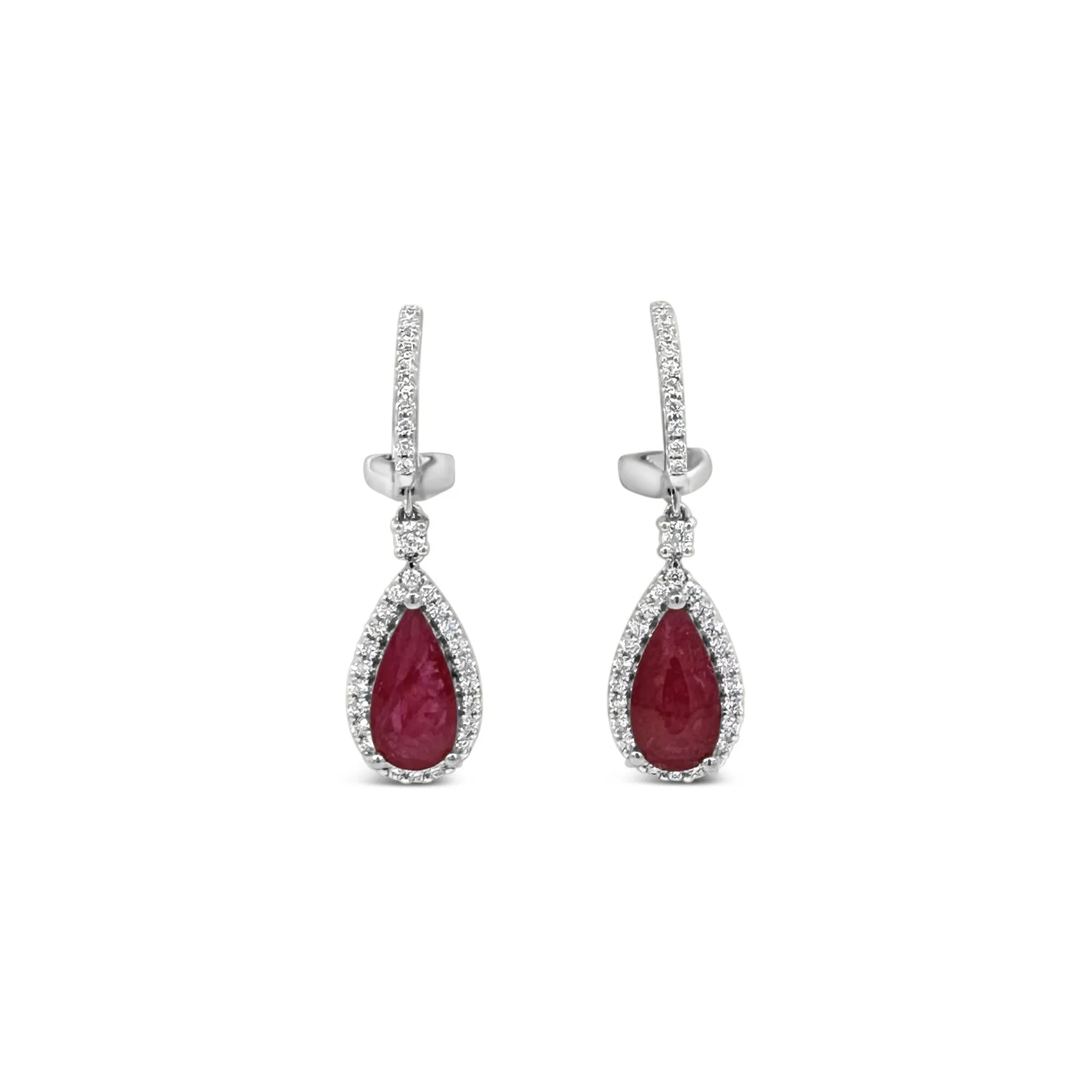 18K White Gold 4.35ctw Ruby and Diamond Tear-drop Estate Earrings