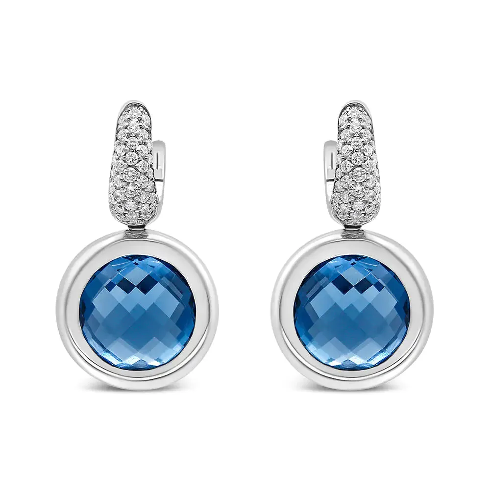 18K White Gold Bezel Set 11mm Blue Topaz and 1/2 Cttw Invisible Set Diamond Bale Dangle Earrings (F-G Color, VS1-VS2 Clarity)