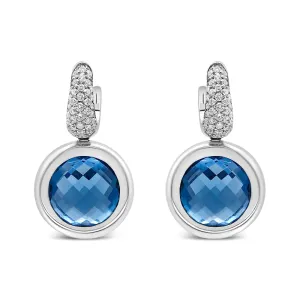 18K White Gold Bezel Set 11mm Blue Topaz and 1/2 Cttw Invisible Set Diamond Bale Dangle Earrings (F-G Color, VS1-VS2 Clarity)