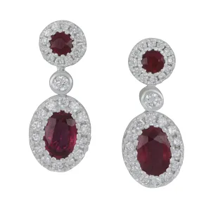 18k White Gold Oval and Round Halo Ruby and Diamond Drop Earrings, RU=1.31tw D=0.43tw GH/SI