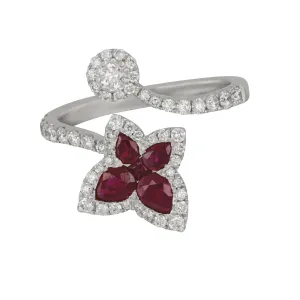 18k White Gold Ruby and Diamond By-pass Butterfly Ring, RU=0.82tw D=0.66tw, Size 6.5