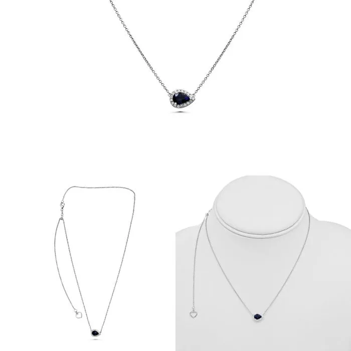 18K White Gold Sapphire and Diamond Halo Necklace