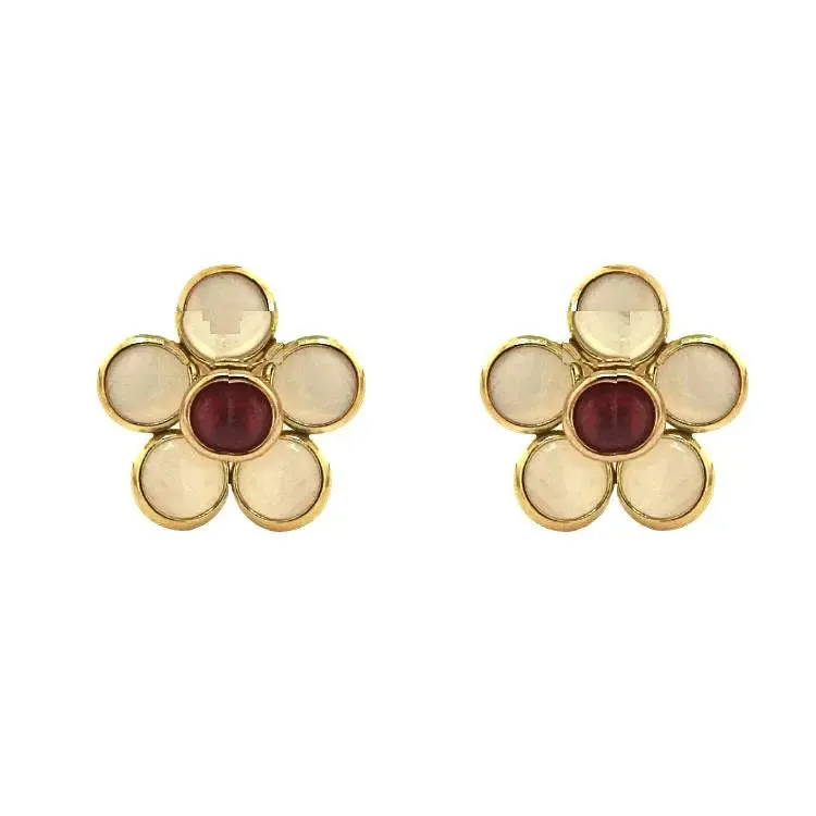 18k Yellow Gold Moonstone and Ruby Flower post Earrings 